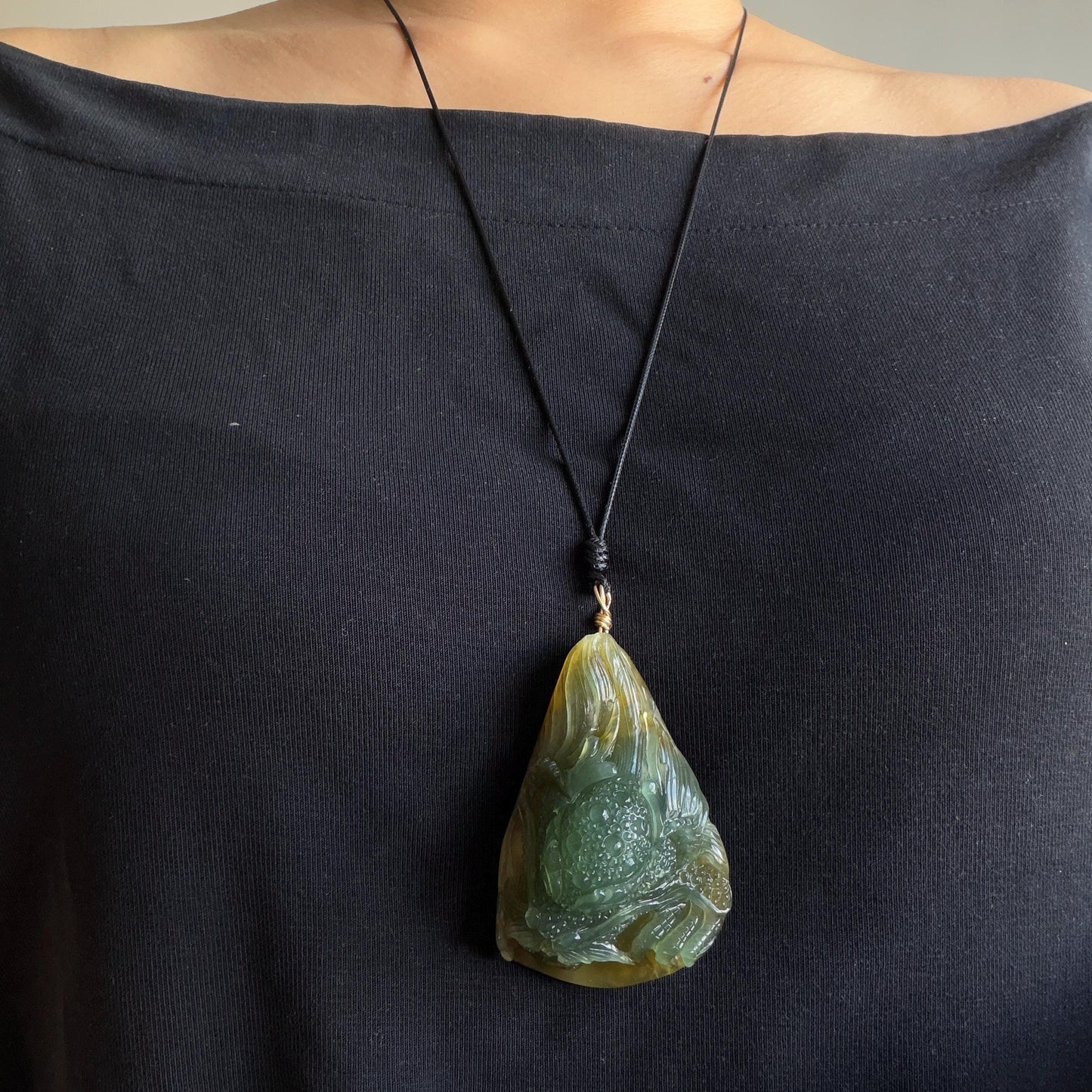 Xiu Jade Dragon Hand Carved Pendant Adjustable Necklace: Natural Serpentine Yellow Green Jade Handcrafted Charm with certificate | Power & Wealth | Stone Crystal Gemstone Jewellery gift for her gift for him hand engraved jade handcrafted jade charm yellow jade green jade multicolor jade relief carving 3D stone carving dragon carving antique pendant asian vintage charm lucky charm big pendant certificate jade untreat real jade dragon lover gift certified jade