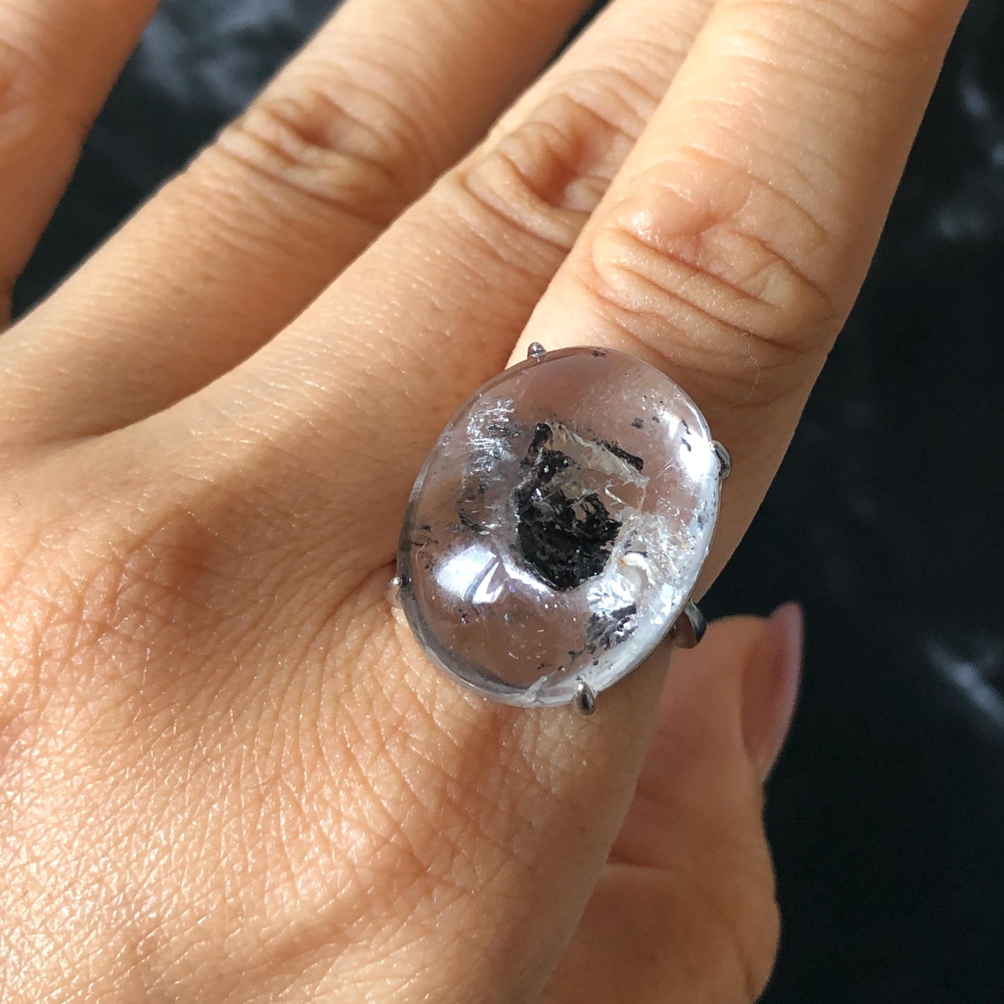 Enhydro Quartz (Herkimer Diamond) S925 Silver Adjustable Ring: Rare Moving Black Tourmaline flakes Inclusion Polished Crystal men Statement Ring for Women ring crystal band ring crystal cocktail ring crystal stackable ring 7 chakra crystal ring meditation crystal healing stone birthstone silver ring ring for men rainbow quartz minerals specimen inclusion quartz tourmaline inclusion quick sand inclusion water inclusion cocktail ring stackable ring enhydro crystal ring untreated crystal