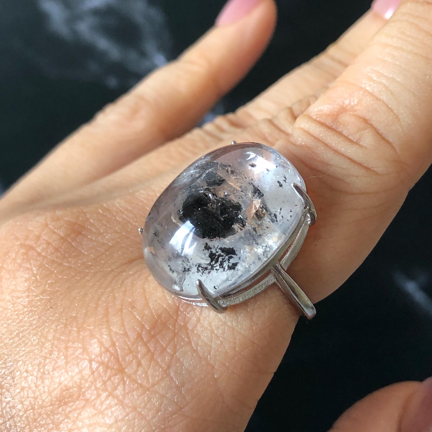 Enhydro Quartz (Herkimer Diamond) S925 Silver Adjustable Ring: Rare Moving Black Tourmaline flakes Inclusion Polished Crystal men Statement Ring for Women ring crystal band ring crystal cocktail ring crystal stackable ring 7 chakra crystal ring meditation crystal healing stone birthstone silver ring ring for men rainbow quartz minerals specimen inclusion quartz tourmaline inclusion quick sand inclusion water inclusion cocktail ring stackable ring enhydro crystal ring untreated crystal