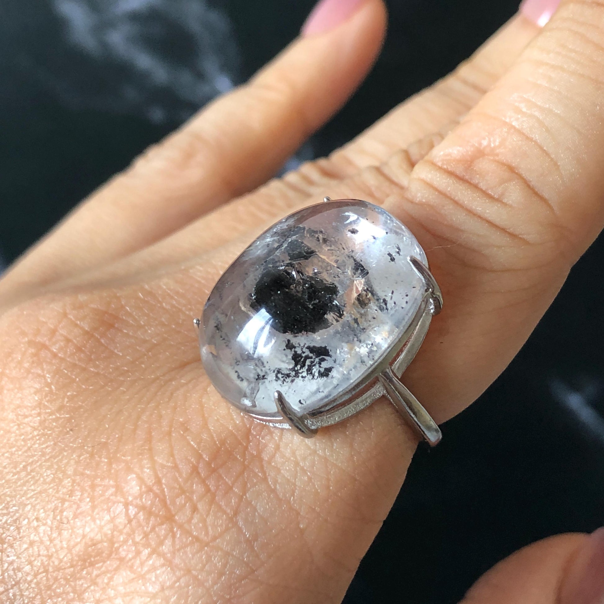 Enhydro Quartz (Herkimer Diamond) S925 Silver Adjustable Ring: Rare Moving Black Tourmaline flakes Inclusion Polished Crystal men Statement Ring for Women ring crystal band ring crystal cocktail ring crystal stackable ring 7 chakra crystal ring meditation crystal healing stone birthstone silver ring ring for men rainbow quartz minerals specimen inclusion quartz tourmaline inclusion quick sand inclusion water inclusion cocktail ring stackable ring enhydro crystal ring untreated crystal