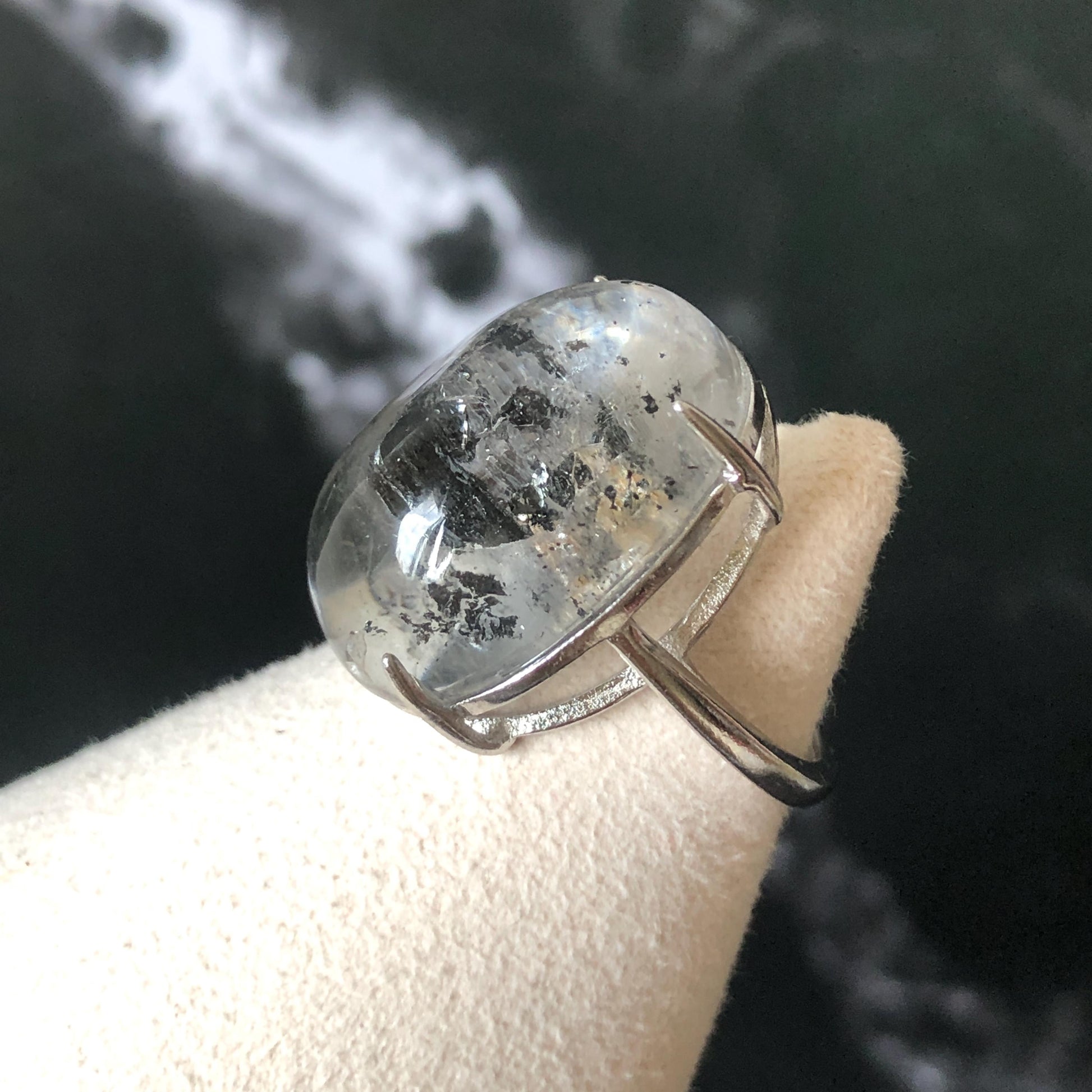 Enhydro Quartz (Herkimer Diamond) S925 Silver Adjustable Ring: Rare Moving Black Tourmaline flakes Inclusion Polished Crystal men Statement Ring for Women ring crystal band ring crystal cocktail ring crystal stackable ring 7 chakra crystal ring meditation crystal healing stone birthstone silver ring ring for men rainbow quartz minerals specimen inclusion quartz tourmaline inclusion quick sand inclusion water inclusion cocktail ring stackable ring enhydro crystal ring untreated crystal