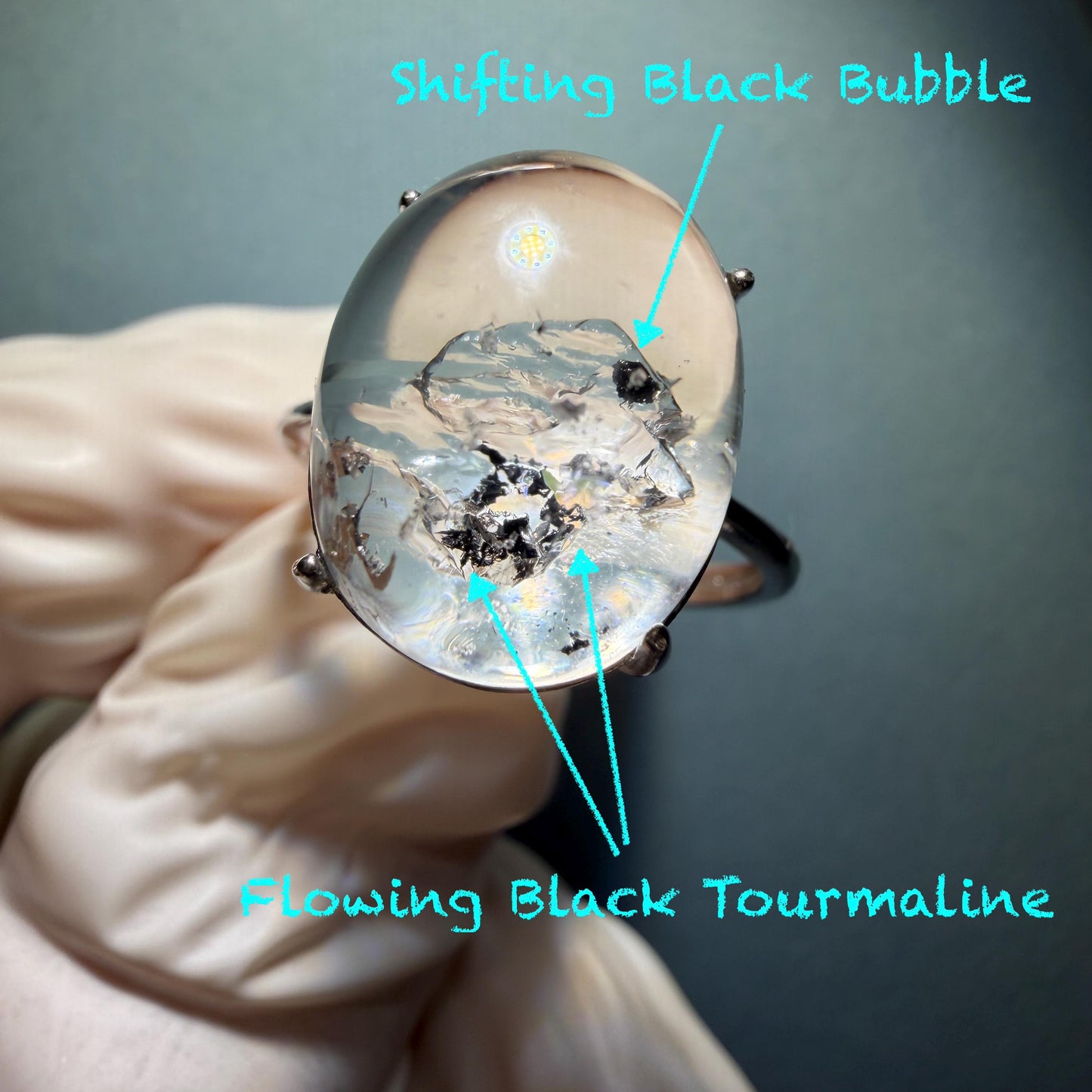 Enhydro Quartz (Herkimer Diamond) S925 Silver Adjustable Ring: Rare Moving Black Tourmaline & Shifting Bubble Inclusion Polished Crystal Statement Ring for Women ring crystal band ring crystal cocktail ring crystal stackable ring 7 chakra crystal ring meditation crystal healing stone birthstone silver ring ring for men rainbow quartz minerals specimen inclusion quartz tourmaline inclusion quick sand inclusion water inclusion cocktail ring stackable ring enhydro crystal ring untreated crystal