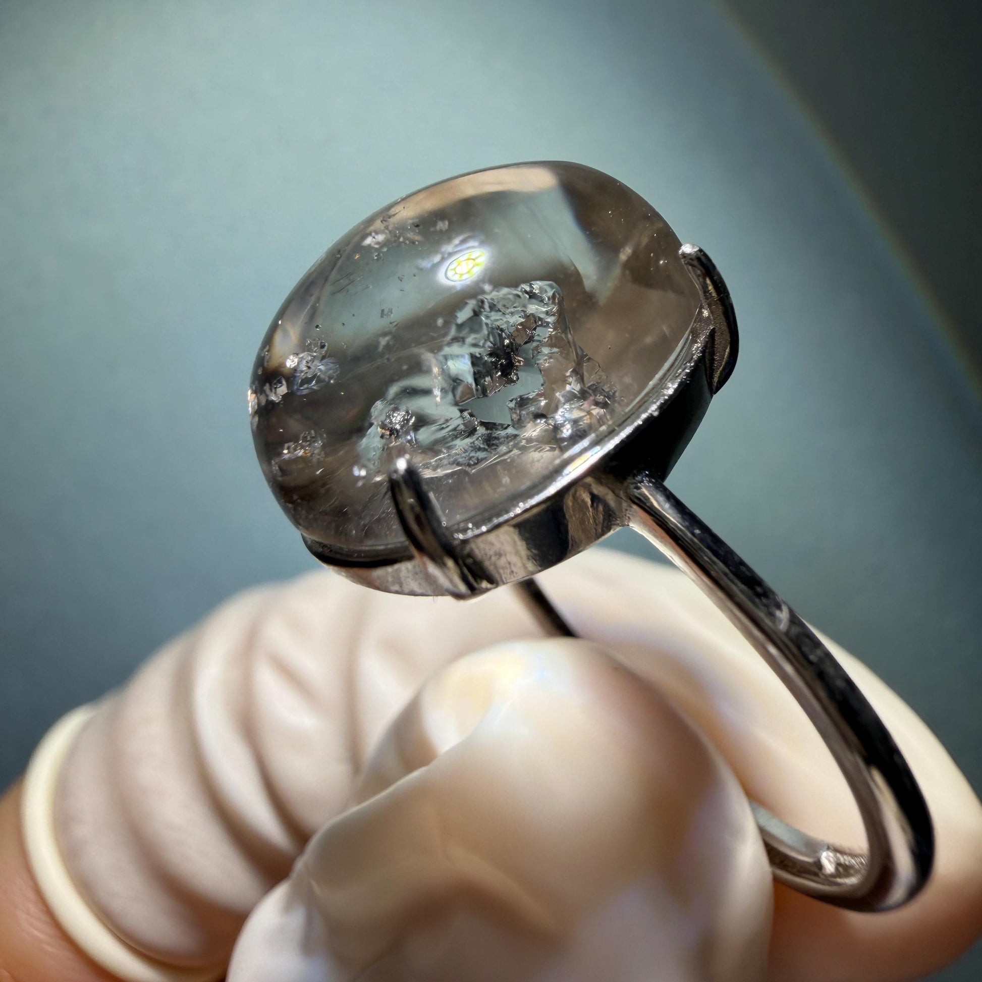 Enhydro Quartz (Herkimer Diamond) S925 Silver Adjustable Ring: Rare Moving Black Tourmaline & Shifting Bubble Inclusion Polished Crystal Statement Ring for Women ring crystal band ring crystal cocktail ring crystal stackable ring 7 chakra crystal ring meditation crystal healing stone birthstone silver ring ring for men rainbow quartz minerals specimen inclusion quartz tourmaline inclusion quick sand inclusion water inclusion cocktail ring stackable ring enhydro crystal ring untreated crystal