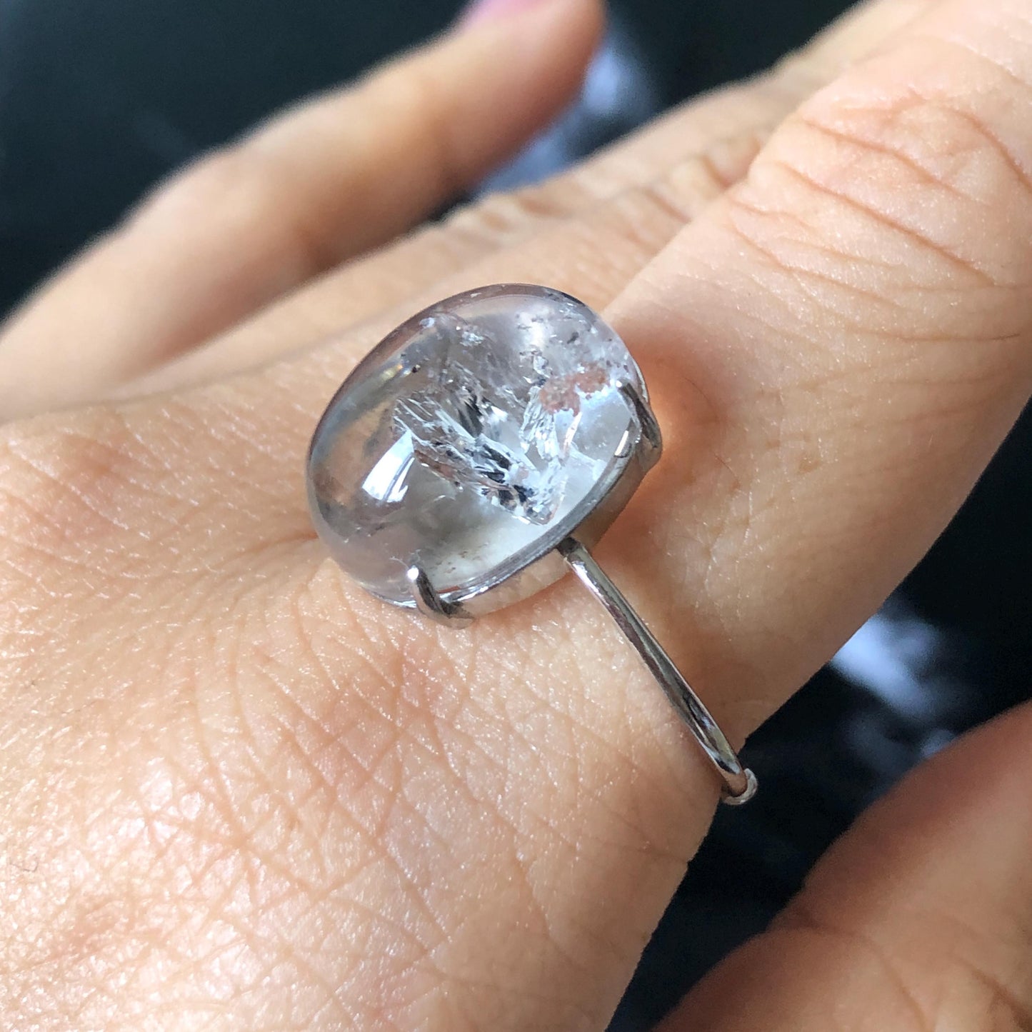 Enhydro Quartz (Herkimer Diamond) S925 Silver Adjustable Ring: Rare Moving Black Tourmaline & Shifting Bubble Inclusion Polished Crystal Statement Ring for Women ring crystal band ring crystal cocktail ring crystal stackable ring 7 chakra crystal ring meditation crystal healing stone birthstone silver ring ring for men rainbow quartz minerals specimen inclusion quartz tourmaline inclusion quick sand inclusion water inclusion cocktail ring stackable ring enhydro crystal ring untreated crystal