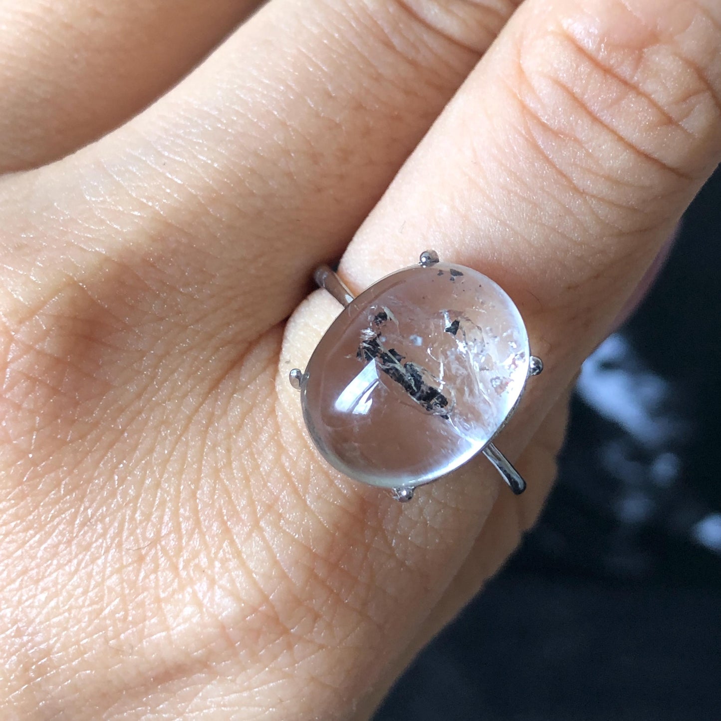 Enhydro Quartz (Herkimer Diamond) S925 Silver Adjustable Ring: Rare Moving Black Tourmaline & Shifting Bubble Inclusion Polished Crystal Statement Ring for Women ring crystal band ring crystal cocktail ring crystal stackable ring 7 chakra crystal ring meditation crystal healing stone birthstone silver ring ring for men rainbow quartz minerals specimen inclusion quartz tourmaline inclusion quick sand inclusion water inclusion cocktail ring stackable ring enhydro crystal ring untreated crystal