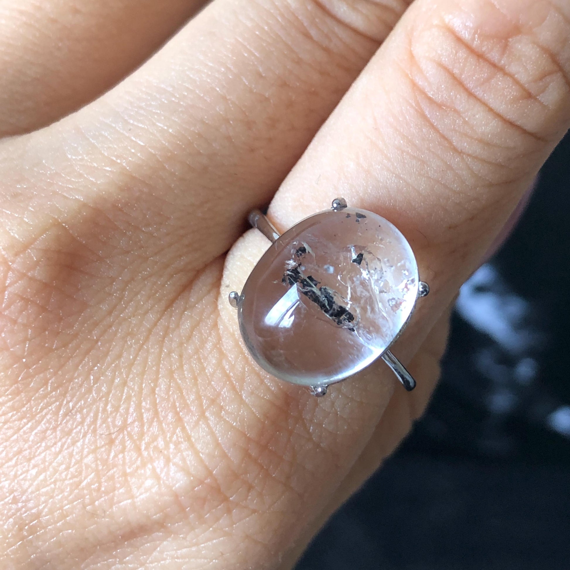 Enhydro Quartz (Herkimer Diamond) S925 Silver Adjustable Ring: Rare Moving Black Tourmaline & Shifting Bubble Inclusion Polished Crystal Statement Ring for Women ring crystal band ring crystal cocktail ring crystal stackable ring 7 chakra crystal ring meditation crystal healing stone birthstone silver ring ring for men rainbow quartz minerals specimen inclusion quartz tourmaline inclusion quick sand inclusion water inclusion cocktail ring stackable ring enhydro crystal ring untreated crystal