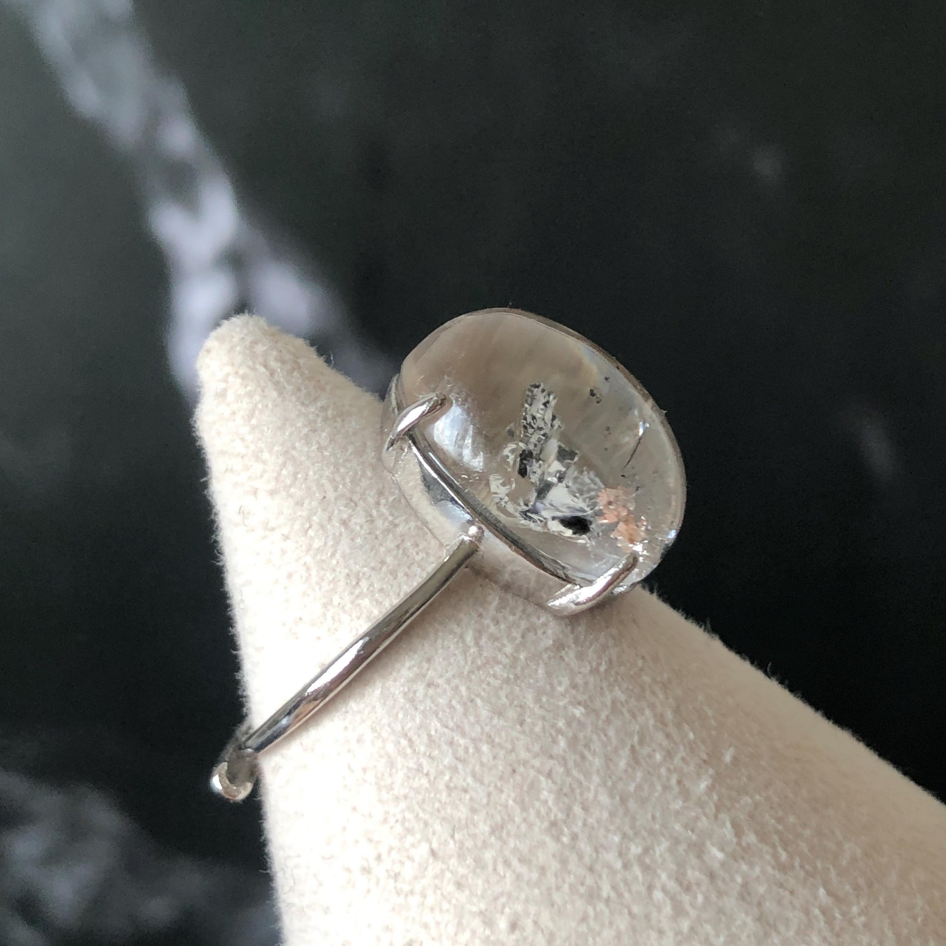 Enhydro Quartz (Herkimer Diamond) S925 Silver Adjustable Ring: Rare Moving Black Tourmaline & Shifting Bubble Inclusion Polished Crystal Statement Ring for Women ring crystal band ring crystal cocktail ring crystal stackable ring 7 chakra crystal ring meditation crystal healing stone birthstone silver ring ring for men rainbow quartz minerals specimen inclusion quartz tourmaline inclusion quick sand inclusion water inclusion cocktail ring stackable ring enhydro crystal ring untreated crystal