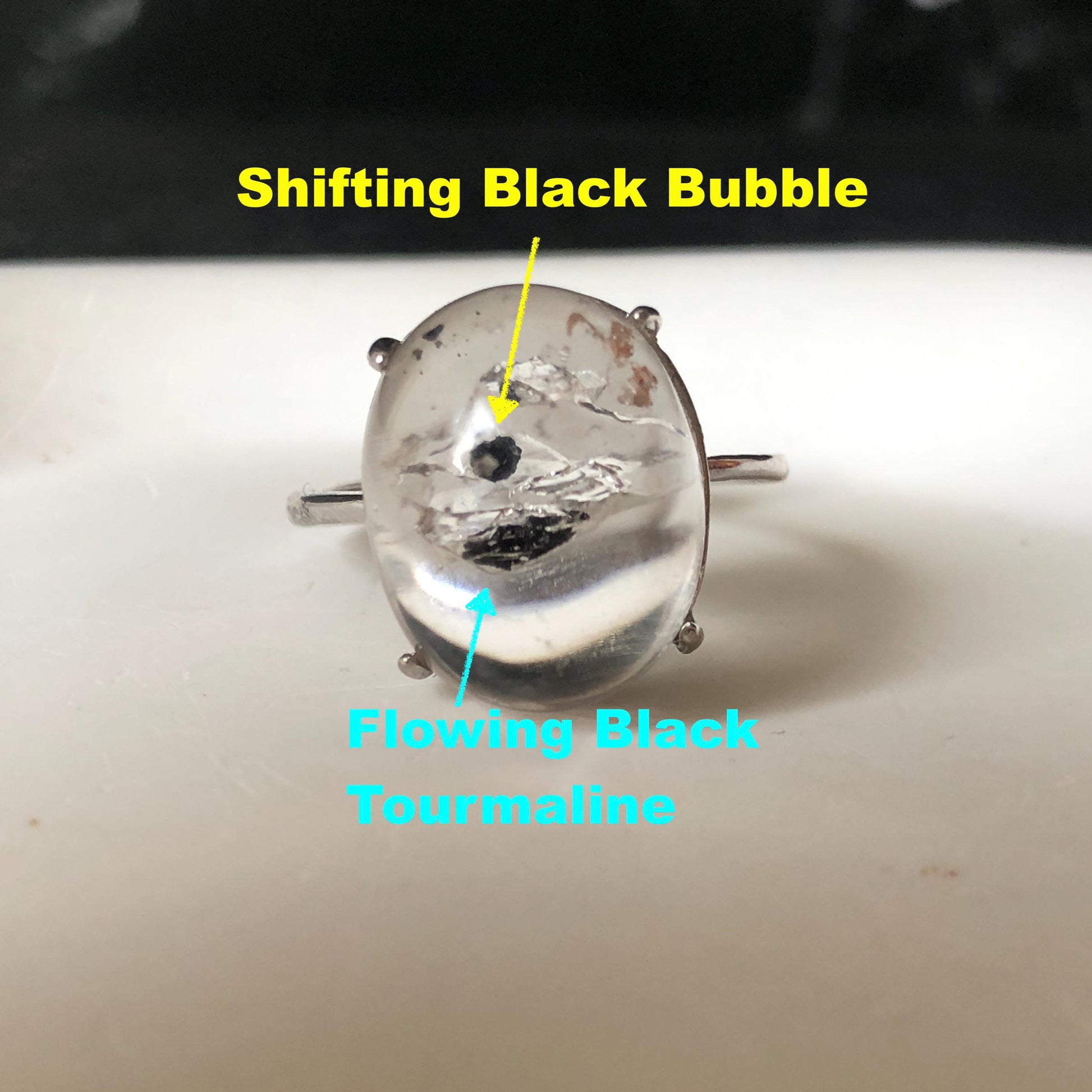 Enhydro Quartz (Herkimer Diamond) S925 Silver Adjustable Ring: Rare Moving Black Tourmaline & Shifting Bubble Inclusion Polished Crystal Statement Ring for Women ring crystal band ring crystal cocktail ring crystal stackable ring 7 chakra crystal ring meditation crystal healing stone birthstone silver ring ring for men rainbow quartz minerals specimen inclusion quartz tourmaline inclusion quick sand inclusion water inclusion cocktail ring stackable ring enhydro crystal ring untreated crystal