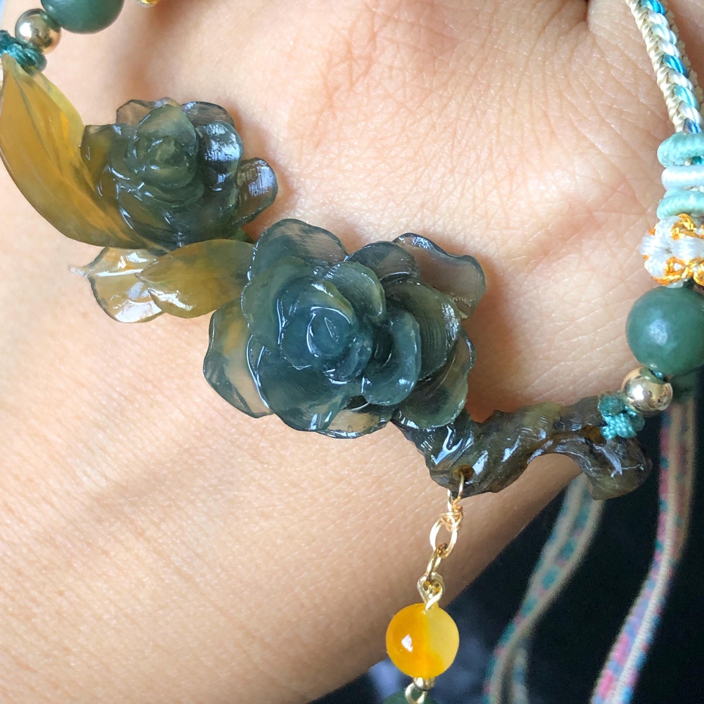Xiu Jade Gardenia Flower Hand Carved Peony Flower Pendant Adjustable Braided Necklace Choker: Natural Untreated Green & Yellow Serpentine Carving Charm | Asian Vintage Style Stone Crystal Gemstone Jewellery Gift for her, green jade carving yellow jade carving flower carving hand engraved chinese jade pendant necklace vintage necklace antique necklace natural untreated jade modern necklace bird carving braided necklace dangle