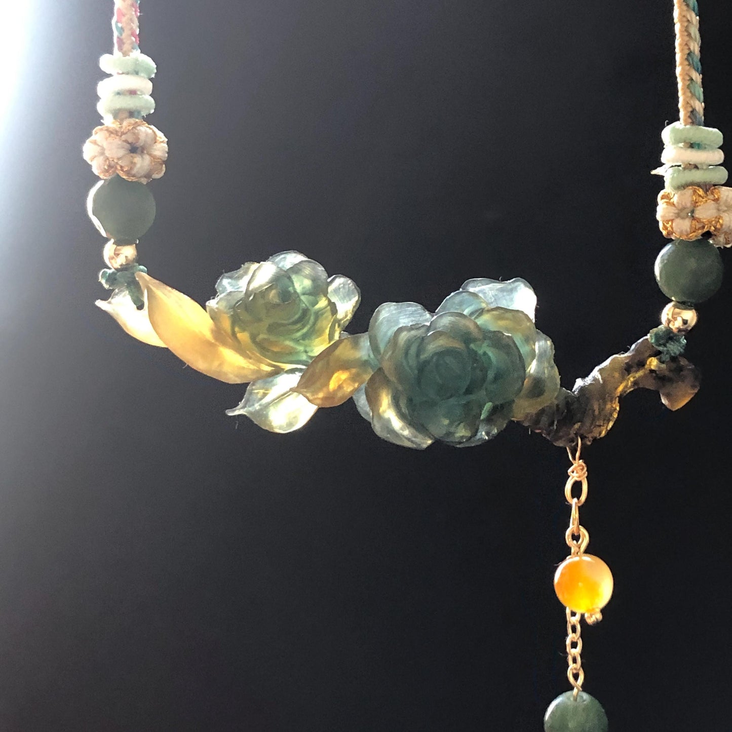 Xiu Jade Gardenia Flower Hand Carved Peony Flower Pendant Adjustable Braided Necklace Choker: Natural Untreated Green & Yellow Serpentine Carving Charm | Asian Vintage Style Stone Crystal Gemstone Jewellery Gift for her, green jade carving yellow jade carving flower carving hand engraved chinese jade pendant necklace vintage necklace antique necklace natural untreated jade modern necklace bird carving braided necklace dangle