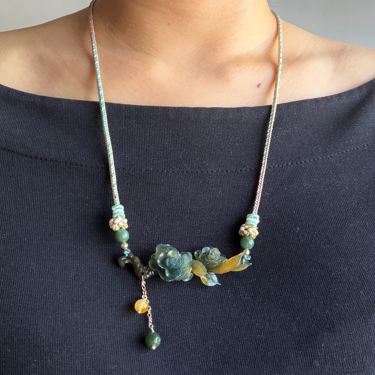 Xiu Jade Gardenia Flower Hand Carved Peony Flower Pendant Adjustable Braided Necklace Choker: Natural Untreated Green & Yellow Serpentine Carving Charm | Asian Vintage Style Stone Crystal Gemstone Jewellery Gift for her, green jade carving yellow jade carving flower carving hand engraved chinese jade pendant necklace vintage necklace antique necklace natural untreated jade modern necklace bird carving braided necklace dangle