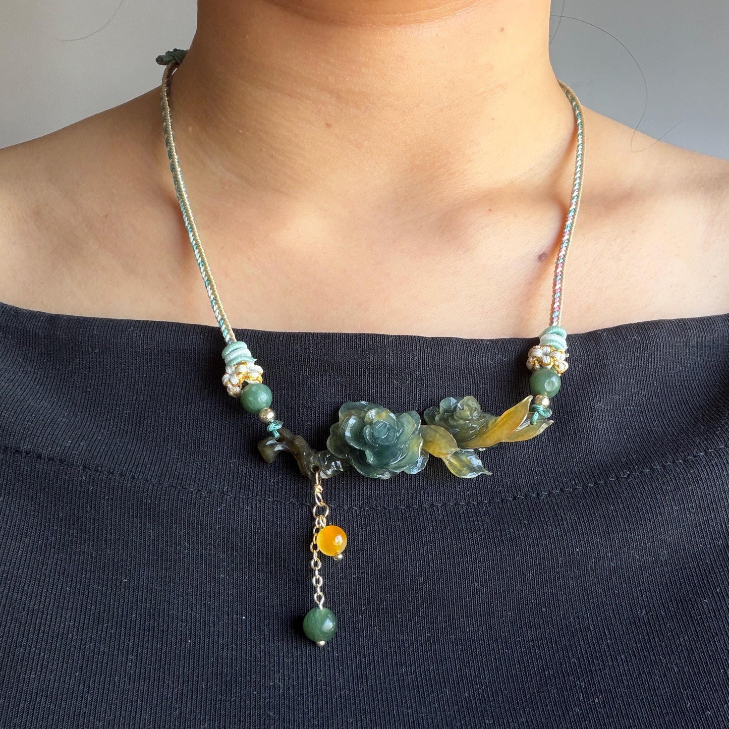 Xiu Jade Gardenia Flower Hand Carved Peony Flower Pendant Adjustable Braided Necklace Choker: Natural Untreated Green & Yellow Serpentine Carving Charm | Asian Vintage Style Stone Crystal Gemstone Jewellery Gift for her, green jade carving yellow jade carving flower carving hand engraved chinese jade pendant necklace vintage necklace antique necklace natural untreated jade modern necklace bird carving braided necklace dangle