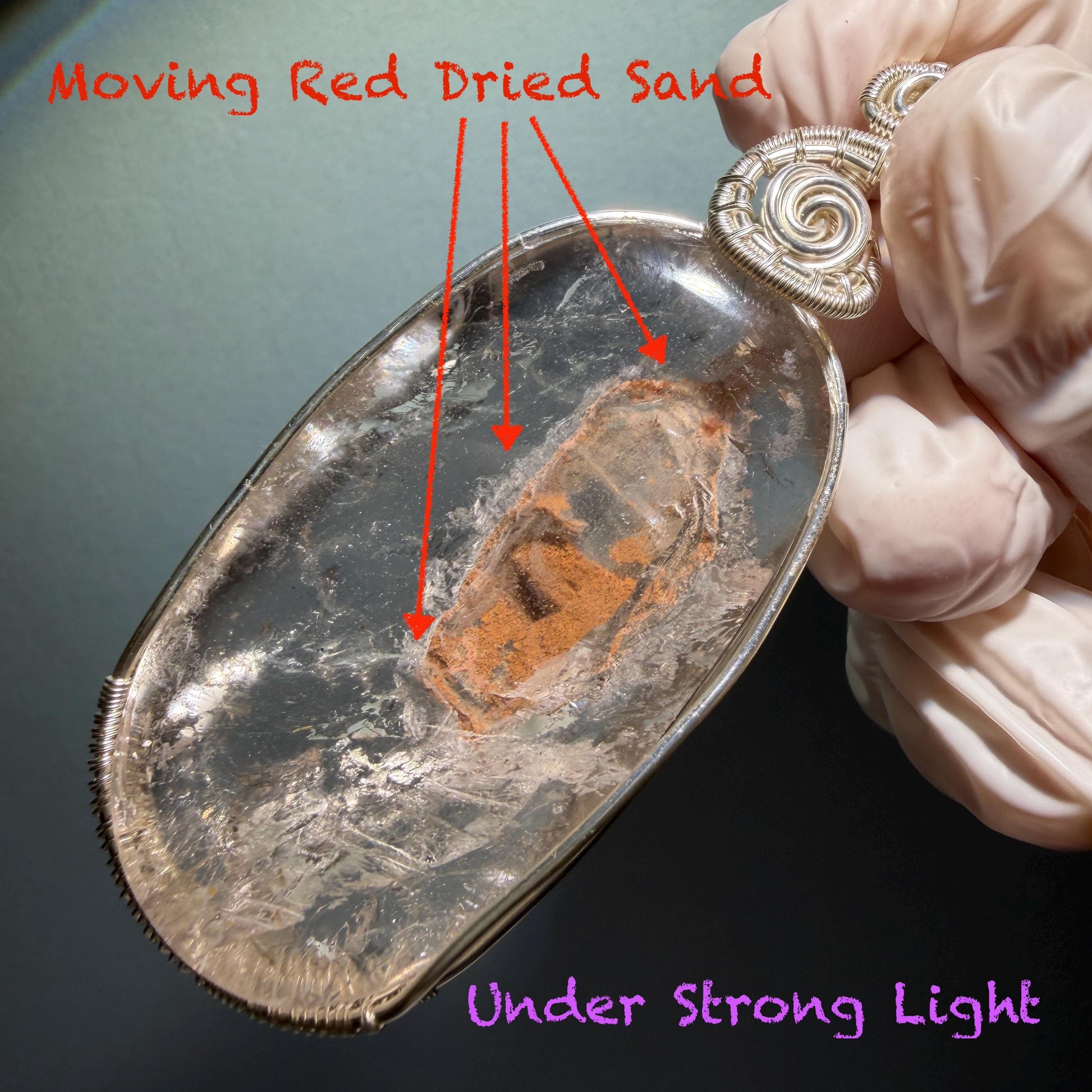 Rare Found! Enhydro Quartz Moving Dried Red Sand: Polished Inclusion Crystal Wrapped Wire Pendant Adjustable Necklace Palm Stone gift for her enhydro quartz sand water-fall pendant necklace choker gemstone charm stone pendant choker polished stone pendant crystal charm birthstone men necklace chakra crystal minerals specimen silver wire wrapped pendant inclusion crystal inclusion crystal sediment stone dirt inclusion quick sand inclusion chakra stone meditation crystal birthstone necklce