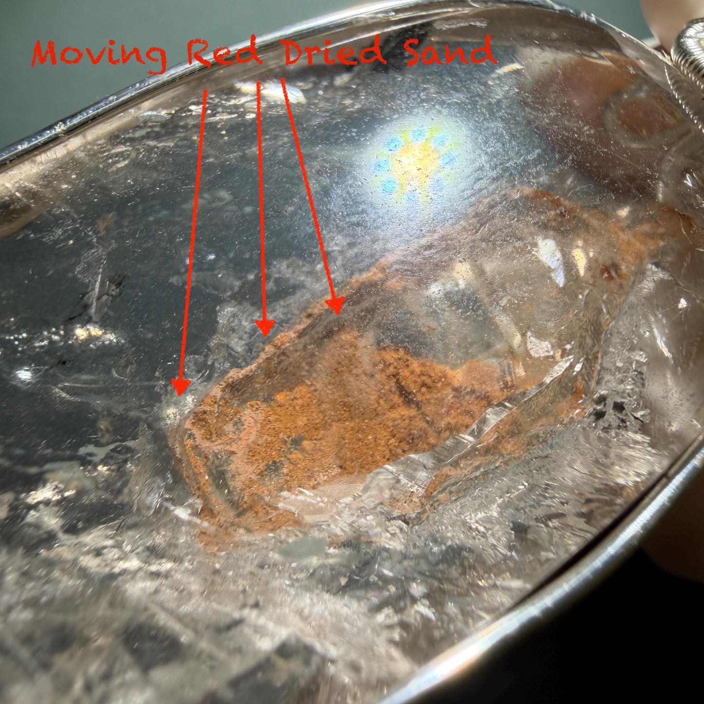 Rare Found! Enhydro Quartz Moving Dried Red Sand: Polished Inclusion Crystal Wrapped Wire Pendant Adjustable Necklace Palm Stone gift for her enhydro quartz sand water-fall pendant necklace choker gemstone charm stone pendant choker polished stone pendant crystal charm birthstone men necklace chakra crystal minerals specimen silver wire wrapped pendant inclusion crystal inclusion crystal sediment stone dirt inclusion quick sand inclusion chakra stone meditation crystal birthstone necklce