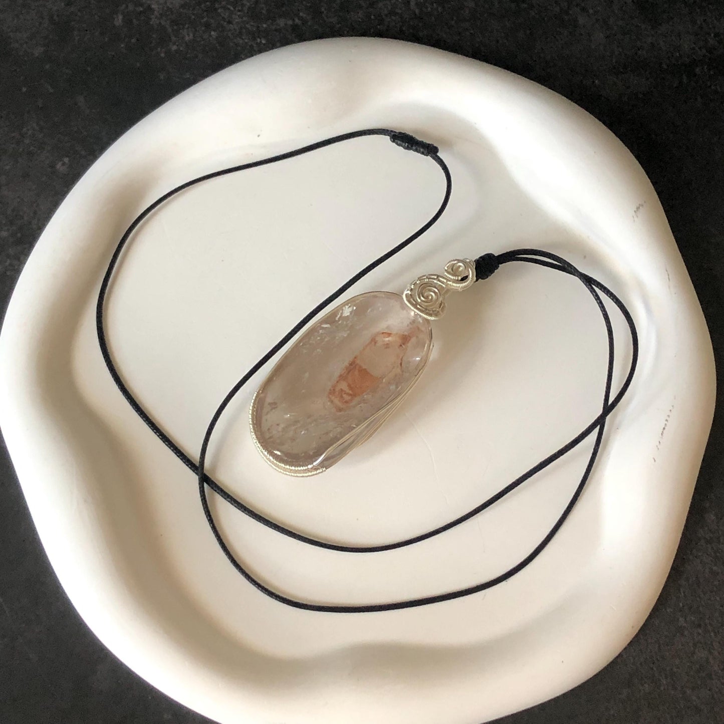 Rare Found! Enhydro Quartz Moving Dried Red Sand: Polished Inclusion Crystal Wrapped Wire Pendant Adjustable Necklace Palm Stone gift for her enhydro quartz sand water-fall pendant necklace choker gemstone charm stone pendant choker polished stone pendant crystal charm birthstone men necklace chakra crystal minerals specimen silver wire wrapped pendant inclusion crystal inclusion crystal sediment stone dirt inclusion quick sand inclusion chakra stone meditation crystal birthstone necklce