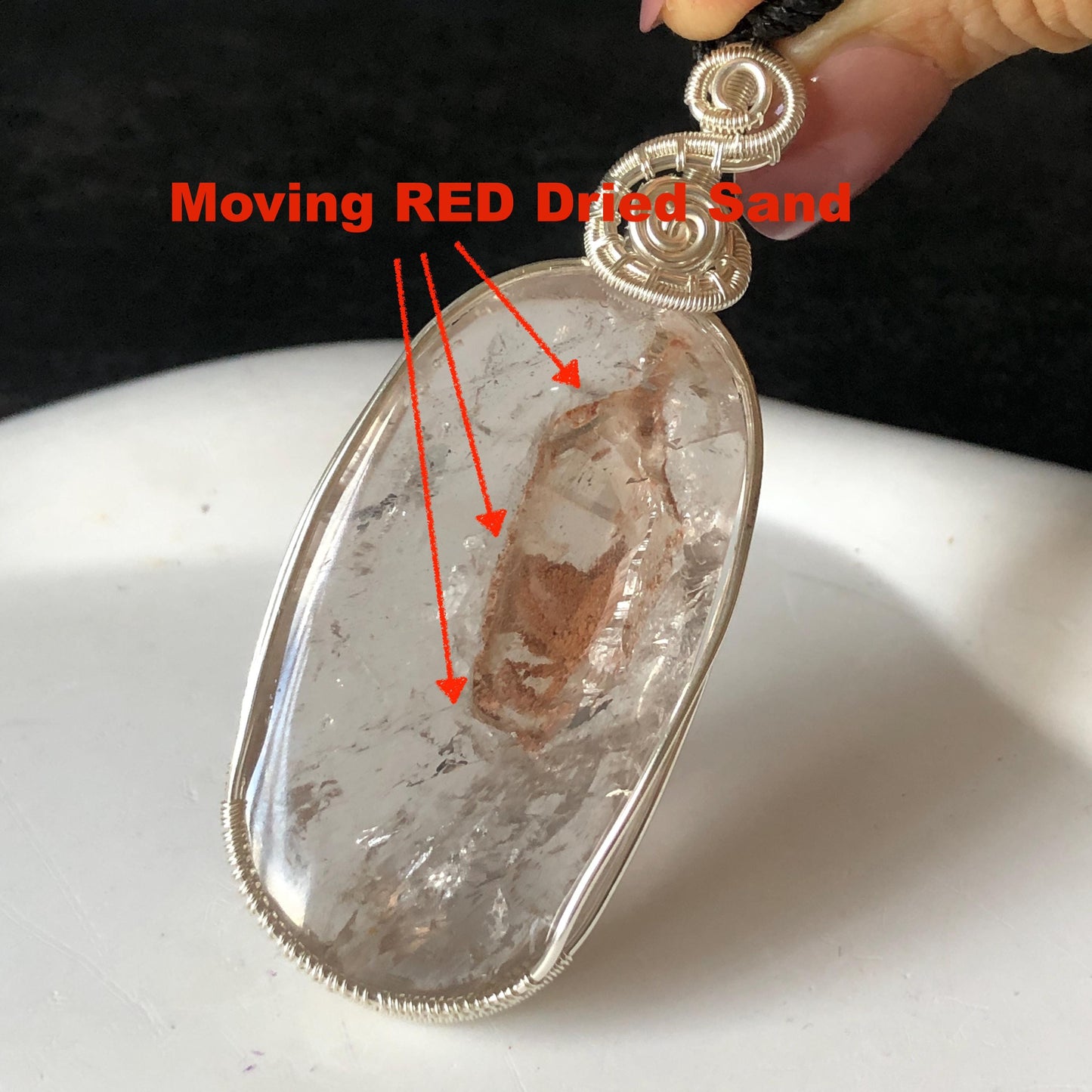 Rare Found! Enhydro Quartz Moving Dried Red Sand: Polished Inclusion Crystal Wrapped Wire Pendant Adjustable Necklace Palm Stone gift for her enhydro quartz sand water-fall pendant necklace choker gemstone charm stone pendant choker polished stone pendant crystal charm birthstone men necklace chakra crystal minerals specimen silver wire wrapped pendant inclusion crystal inclusion crystal sediment stone dirt inclusion quick sand inclusion chakra stone meditation crystal birthstone necklce