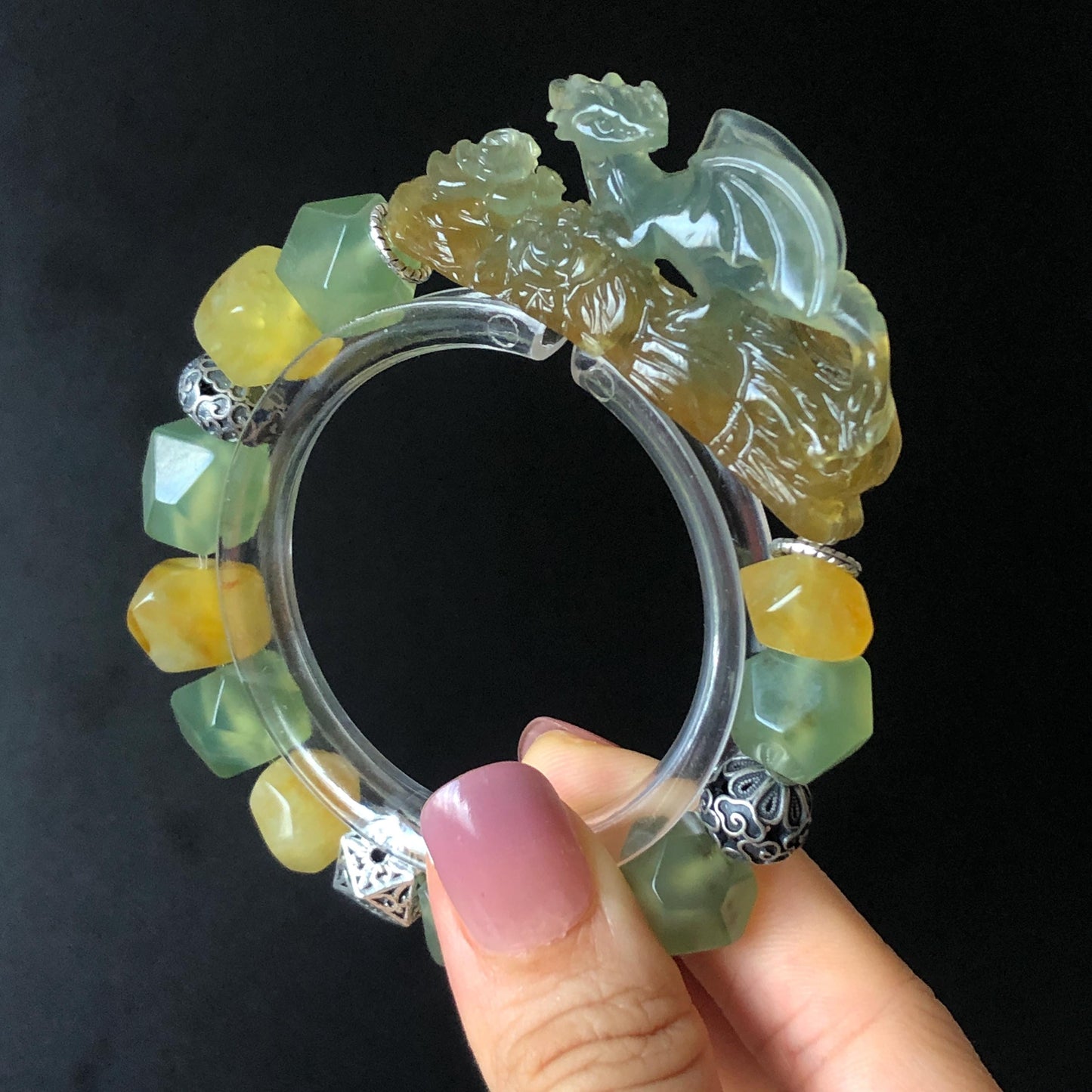 Xiu Jade Dragon Hand Carved Charm Irregular Bead Stretched Elastic Bracelet: Natural Ice Green Yellow Serpentine Jade & Vintage Tibetan Silver Accessory| Personalized Gift for her Natural Multi-coloured Jade customised bracelet hand engraved jade bracelet carved charm carved pendant dragon carving rose bracelet green jade yellow jade silver bracelet tailor made bracelet personalised bracelet diy bracelet untreated jade elastic stretch bracelet dragon lover gift 3D stone carving custom made