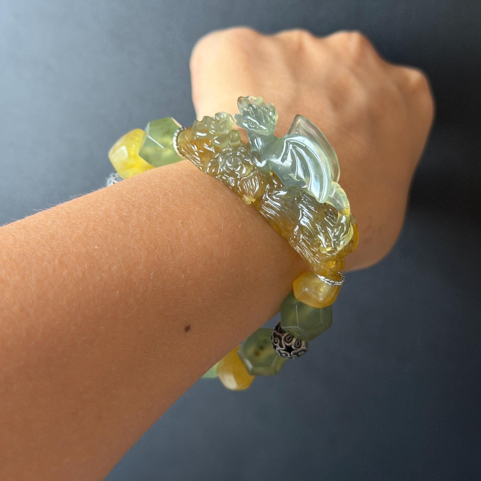 Xiu Jade Dragon Hand Carved Charm Irregular Bead Stretched Elastic Bracelet: Natural Ice Green Yellow Serpentine Jade & Vintage Tibetan Silver Accessory| Personalized Gift for her Natural Multi-coloured Jade customised bracelet hand engraved jade bracelet carved charm carved pendant dragon carving rose bracelet green jade yellow jade silver bracelet tailor made bracelet personalised bracelet diy bracelet untreated jade elastic stretch bracelet dragon lover gift 3D stone carving custom made