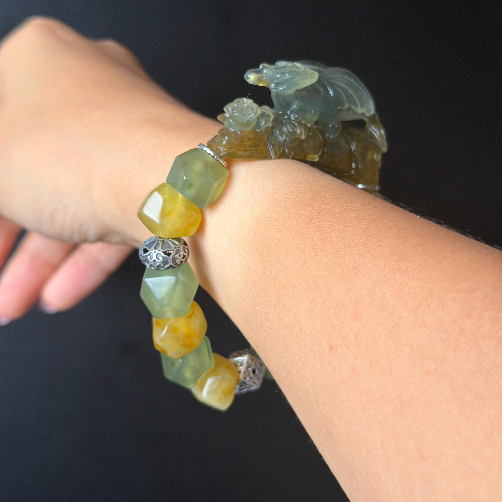 Xiu Jade Dragon Hand Carved Charm Irregular Bead Stretched Elastic Bracelet: Natural Ice Green Yellow Serpentine Jade & Vintage Tibetan Silver Accessory| Personalized Gift for her Natural Multi-coloured Jade customised bracelet hand engraved jade bracelet carved charm carved pendant dragon carving rose bracelet green jade yellow jade silver bracelet tailor made bracelet personalised bracelet diy bracelet untreated jade elastic stretch bracelet dragon lover gift 3D stone carving custom made