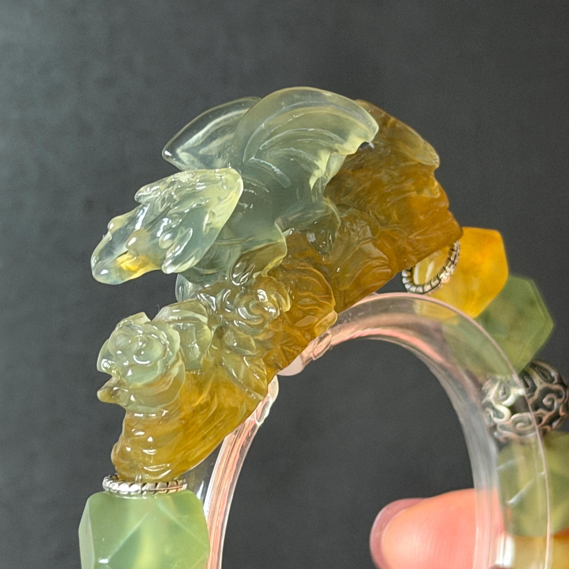 Xiu Jade Dragon Hand Carved Charm Irregular Bead Stretched Elastic Bracelet: Natural Ice Green Yellow Serpentine Jade & Vintage Tibetan Silver Accessory| Personalized Gift for her Natural Multi-coloured Jade customised bracelet hand engraved jade bracelet carved charm carved pendant dragon carving rose bracelet green jade yellow jade silver bracelet tailor made bracelet personalised bracelet diy bracelet untreated jade elastic stretch bracelet dragon lover gift 3D stone carving custom made