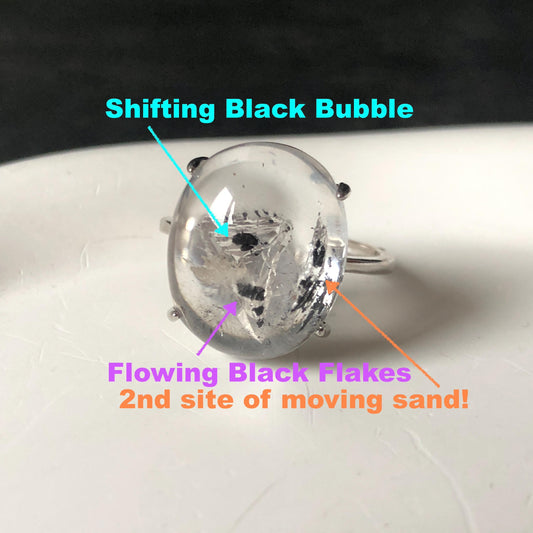 Enhydro Quartz (Herkimer Diamond) S925 Silver Adjustable Ring: Moving Black Flakes with Shifting Bubble Inclusion Polished Crystal Statement Ring for Women crystal band ring cocktail ring stackable ring 7 chakra meditation crystal healing stone birthstone silver ring ring for men rainbow quartz minerals specimen inclusion quartz quick sand inclusion fluid inclusion water inclusion cocktail ring stackable ring enhydro crystal ring men statement ring untreated crystal
