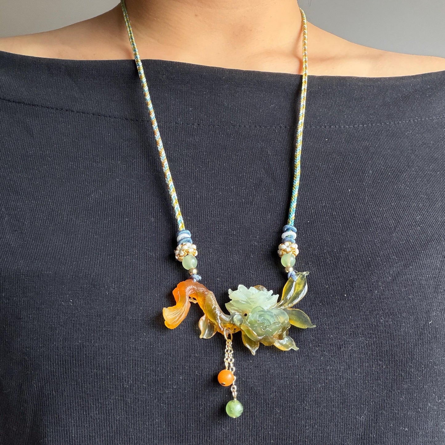 Xiu Jade Gardenia Flower Hand Carved Peony Flower Pendant Adjustable Braided Necklace Choker: Natural Untreated White Green Yellow Serpentine Carving Charm | Asian Vintage Style Stone Crystal Gemstone Jewellery Gift for her, green jade carving yellow jade carving flower carving hand engraved chinese jade pendant necklace vintage necklace antique necklace natural untreated jade modern necklace bird carving braided necklace dangle