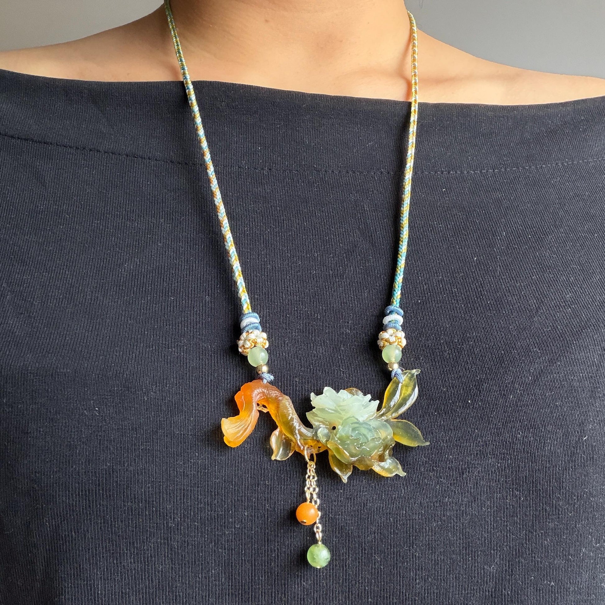 Xiu Jade Gardenia Flower Hand Carved Peony Flower Pendant Adjustable Braided Necklace Choker: Natural Untreated White Green Yellow Serpentine Carving Charm | Asian Vintage Style Stone Crystal Gemstone Jewellery Gift for her, green jade carving yellow jade carving flower carving hand engraved chinese jade pendant necklace vintage necklace antique necklace natural untreated jade modern necklace bird carving braided necklace dangle
