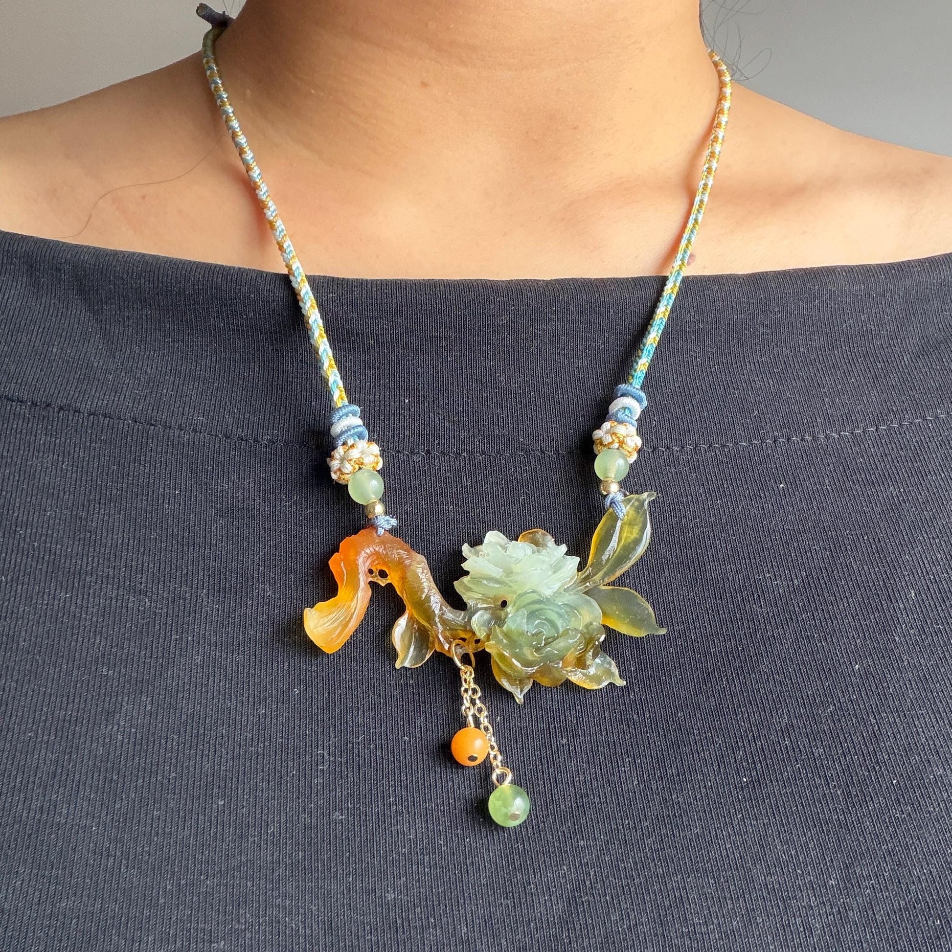 Xiu Jade Gardenia Flower Hand Carved Peony Flower Pendant Adjustable Braided Necklace Choker: Natural Untreated White Green Yellow Serpentine Carving Charm | Asian Vintage Style Stone Crystal Gemstone Jewellery Gift for her, green jade carving yellow jade carving flower carving hand engraved chinese jade pendant necklace vintage necklace antique necklace natural untreated jade modern necklace bird carving braided necklace dangle