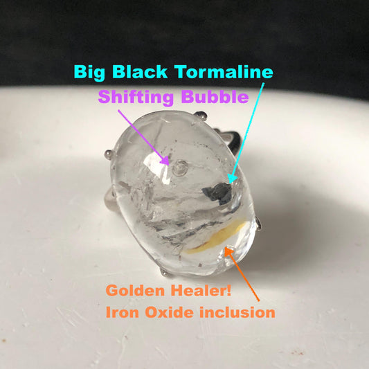 Enhydro Quartz (Herkimer Diamond) S925 Silver Adjustable Ring: Rare Moving Big Black Tourmaline with Shifting Bubble Inclusion Polished Crystal Statement Ring for Women crystal band ring cocktail ring stackable ring 7 chakra meditation crystal healing stone birthstone silver ring ring for men rainbow quartz minerals specimen inclusion quartz tourmaline inclusion quick sand inclusion water inclusion cocktail ring stackable ring enhydro crystal ring men statement ring untreated crystal