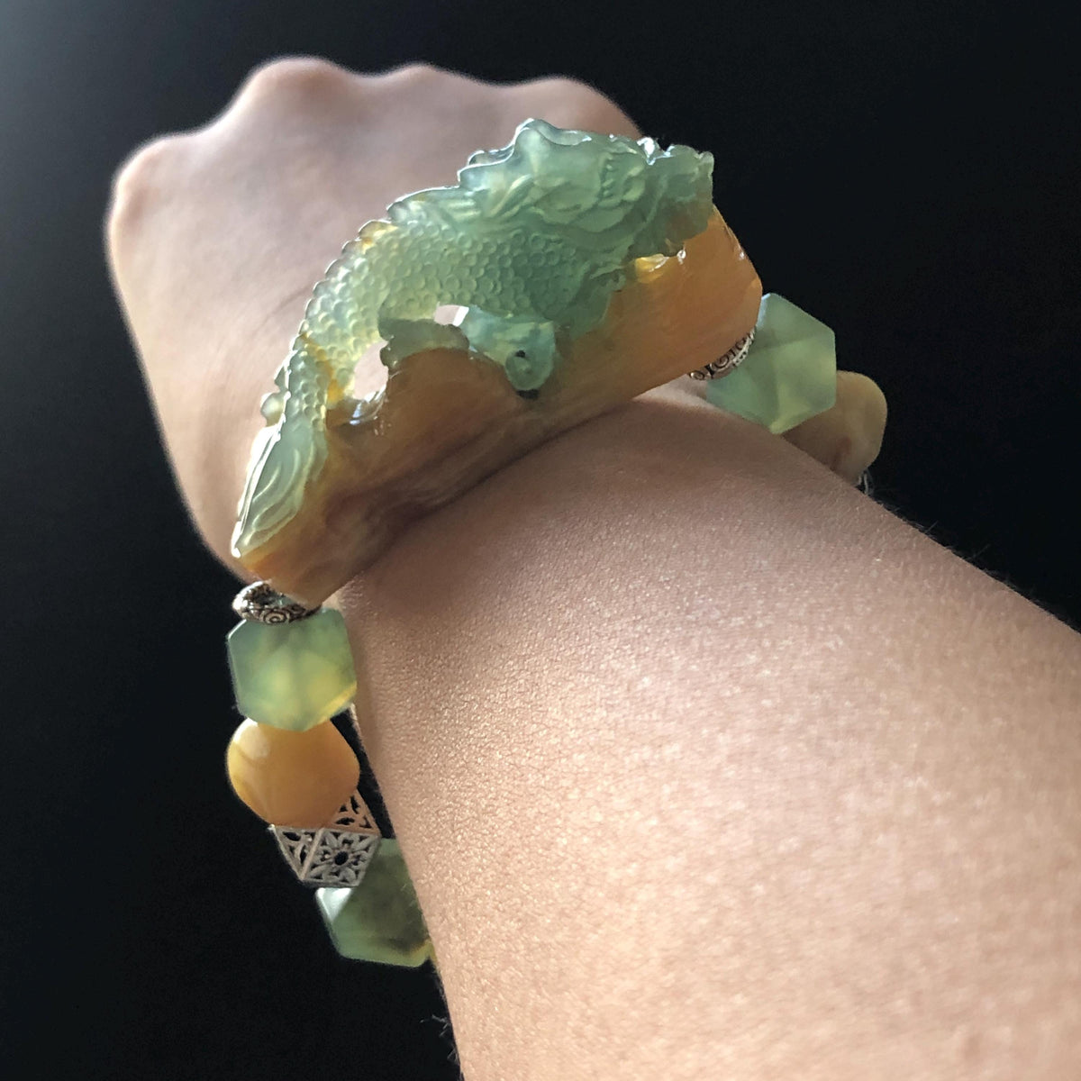 Xiu Jade Dragon Hand Carved Charm Irregular Bead Stretched Elastic Bracelet: Natural Ice Green Yellow Serpentine Jade & Vintage Tibetan Silver Accessory| Personalized Gift for her Natural Multi-coloured Jade customised bracelet hand engraved jade bracelet carved charm carved pendant dragon carving rose bracelet green jade yellow jade silver bracelet tailor made bracelet personalised bracelet diy bracelet untreated jade elastic stretch bracelet dragon lover gift 3D stone carving custom made