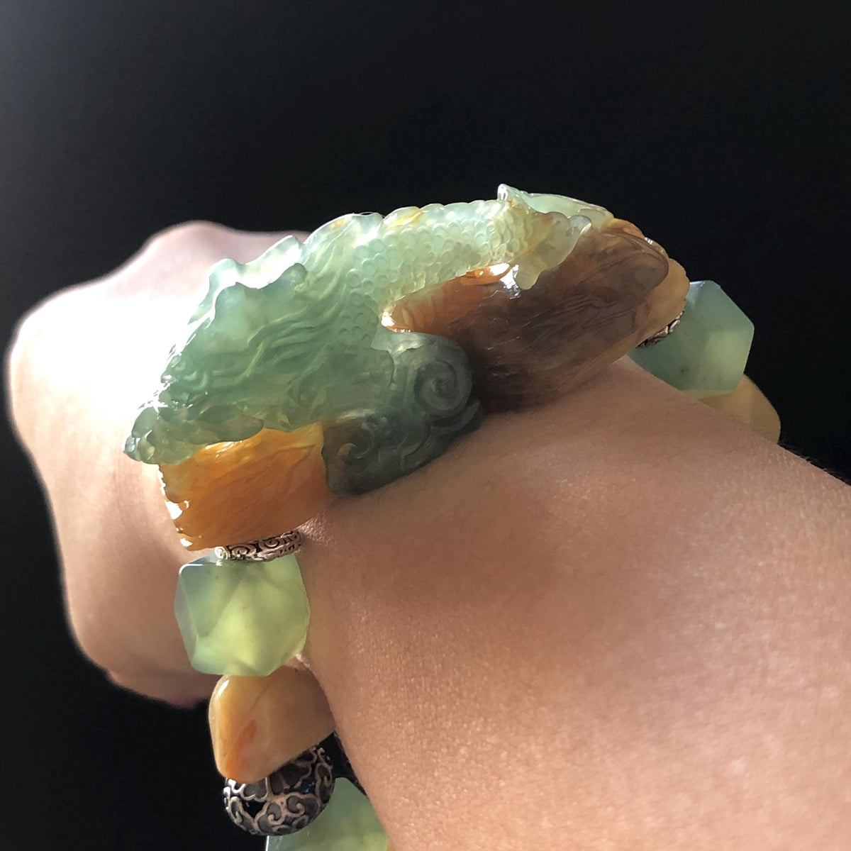 Xiu Jade Dragon Hand Carved Charm Irregular Bead Stretched Elastic Bracelet: Natural Ice Green Yellow Serpentine Jade & Vintage Tibetan Silver Accessory| Personalized Gift for her Natural Multi-coloured Jade customised bracelet hand engraved jade bracelet carved charm carved pendant dragon carving rose bracelet green jade yellow jade silver bracelet tailor made bracelet personalised bracelet diy bracelet untreated jade elastic stretch bracelet dragon lover gift 3D stone carving custom made