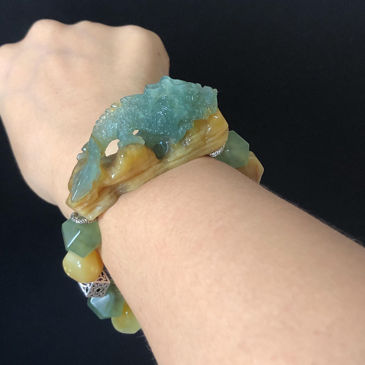 Xiu Jade Dragon Hand Carved Charm Irregular Bead Stretched Elastic Bracelet: Natural Ice Green Yellow Serpentine Jade & Vintage Tibetan Silver Accessory| Personalized Gift for her Natural Multi-coloured Jade customised bracelet hand engraved jade bracelet carved charm carved pendant dragon carving rose bracelet green jade yellow jade silver bracelet tailor made bracelet personalised bracelet diy bracelet untreated jade elastic stretch bracelet dragon lover gift 3D stone carving custom made