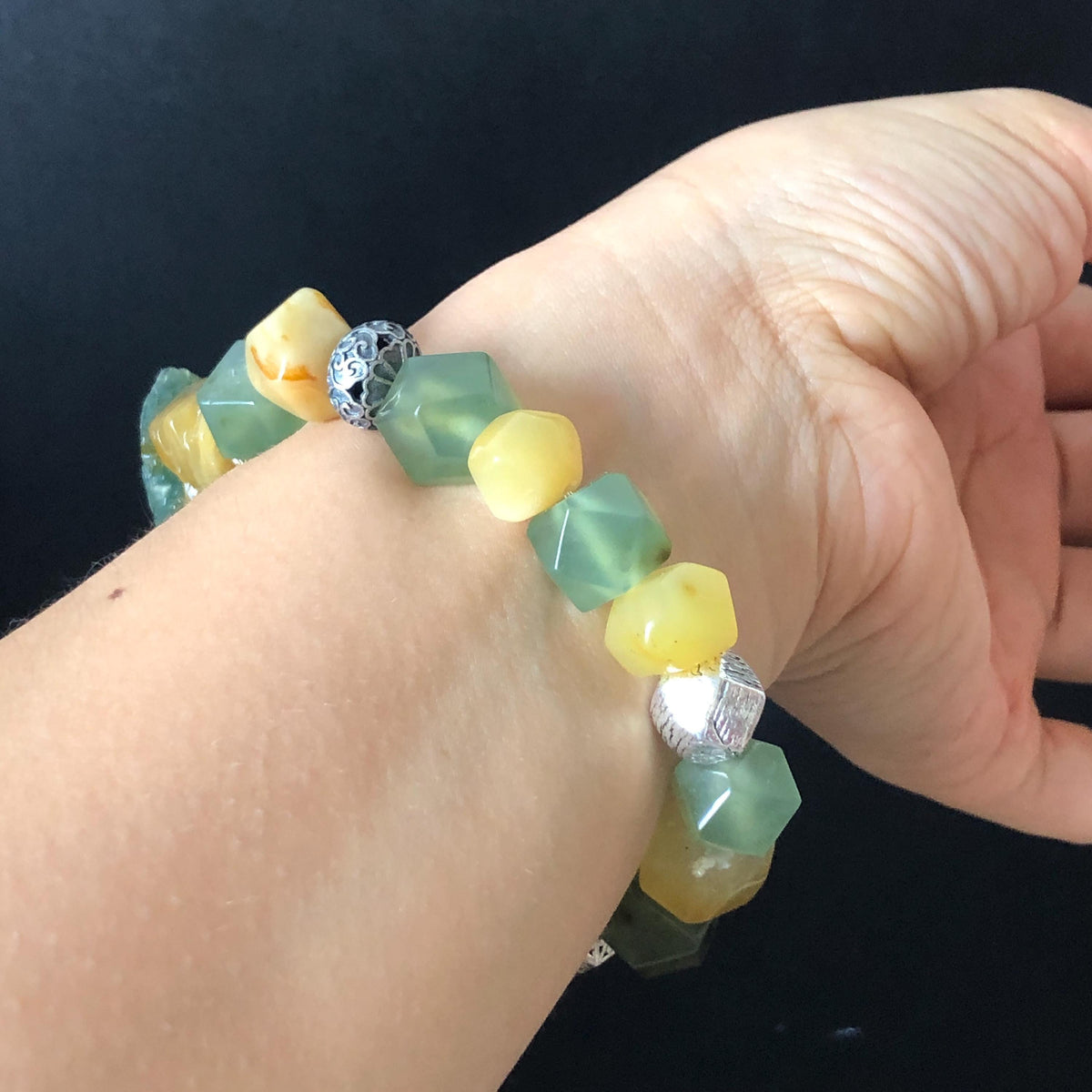 Xiu Jade Dragon Hand Carved Charm Irregular Bead Stretched Elastic Bracelet: Natural Ice Green Yellow Serpentine Jade & Vintage Tibetan Silver Accessory| Personalized Gift for her Natural Multi-coloured Jade customised bracelet hand engraved jade bracelet carved charm carved pendant dragon carving rose bracelet green jade yellow jade silver bracelet tailor made bracelet personalised bracelet diy bracelet untreated jade elastic stretch bracelet dragon lover gift 3D stone carving custom made