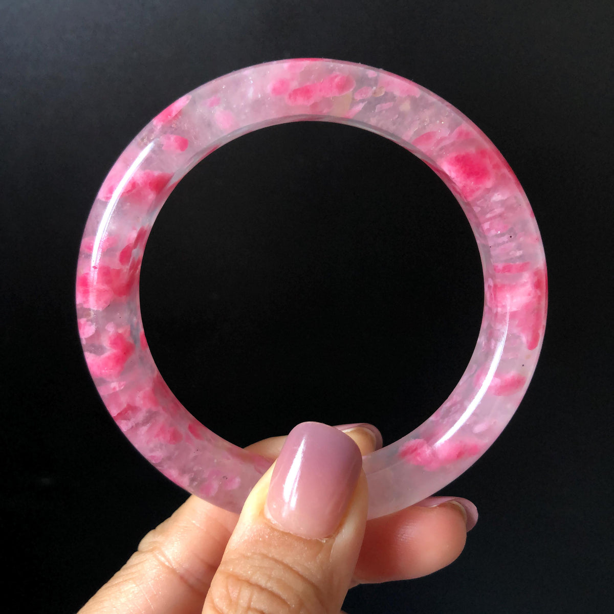 59.7mm Premium Ultra-rare Natural Icy Rhodonite Crystal Stone Gemstone Bangle | Blossom Flowers | Sakura Rain | Plum Blossom | Cherry Blossom icy natural crystal bracelet gemstone bangle pink stone bangle love stone healing stone heart chakra healing crystal mediative stone pink gemstone gift for her mother day gift