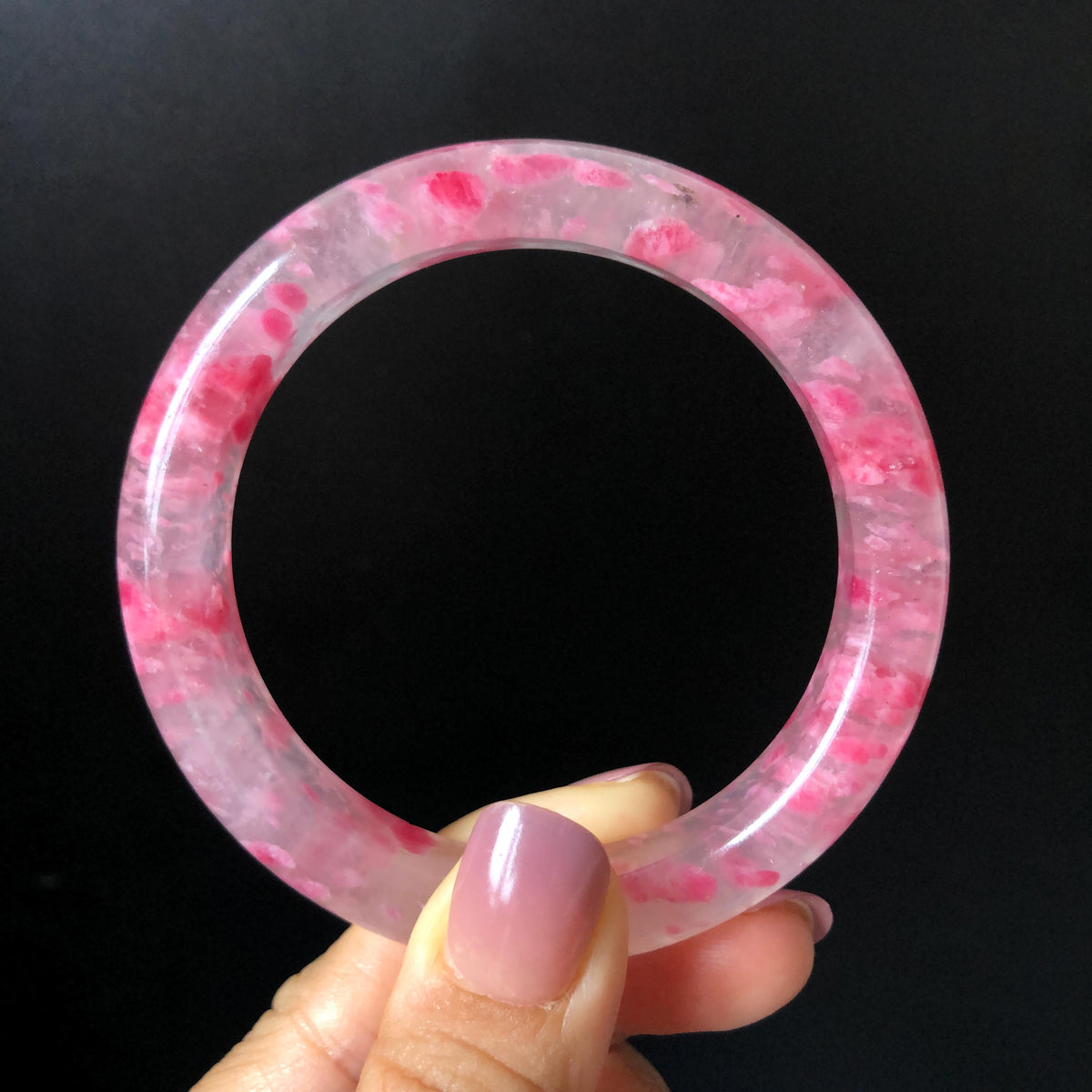 59.7mm Premium Ultra-rare Natural Icy Rhodonite Crystal Stone Gemstone Bangle | Blossom Flowers | Sakura Rain | Plum Blossom | Cherry Blossom icy natural crystal bracelet gemstone bangle pink stone bangle love stone healing stone heart chakra healing crystal mediative stone pink gemstone gift for her mother day gift