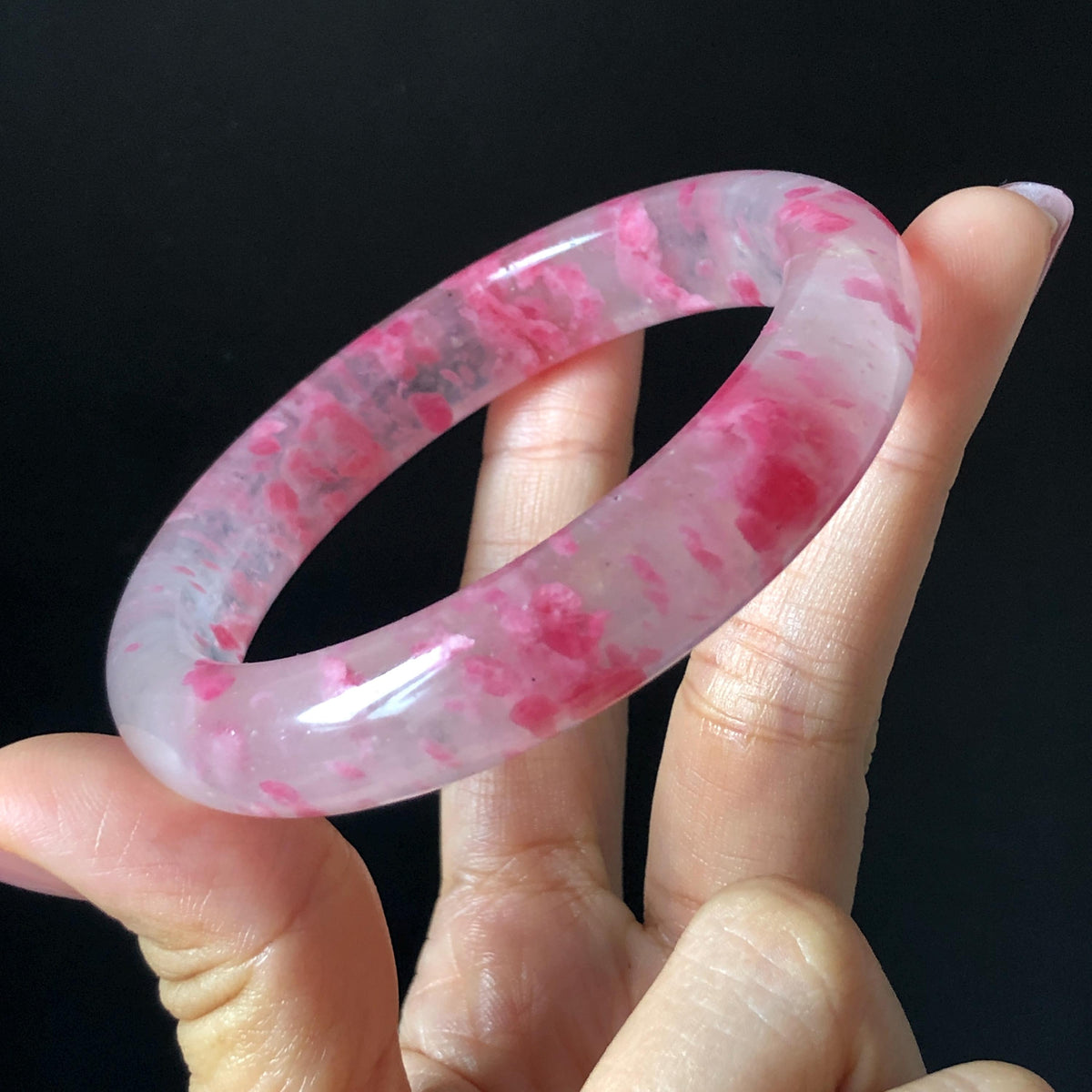 59.7mm Premium Ultra-rare Natural Icy Rhodonite Crystal Stone Gemstone Bangle | Blossom Flowers | Sakura Rain | Plum Blossom | Cherry Blossom icy natural crystal bracelet gemstone bangle pink stone bangle love stone healing stone heart chakra healing crystal mediative stone pink gemstone gift for her mother day gift