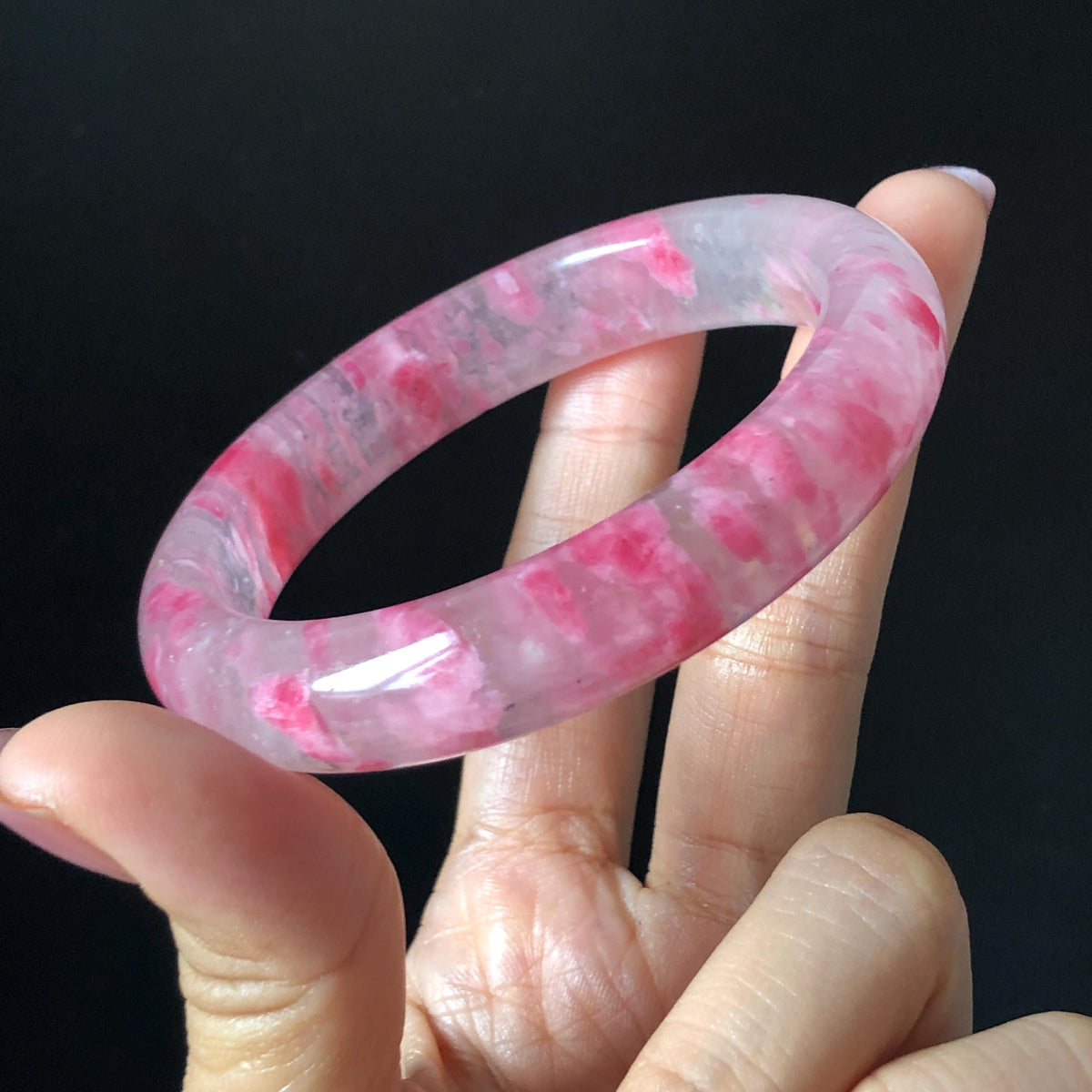 59.7mm Premium Ultra-rare Natural Icy Rhodonite Crystal Stone Gemstone Bangle | Blossom Flowers | Sakura Rain | Plum Blossom | Cherry Blossom icy natural crystal bracelet gemstone bangle pink stone bangle love stone healing stone heart chakra healing crystal mediative stone pink gemstone gift for her mother day gift