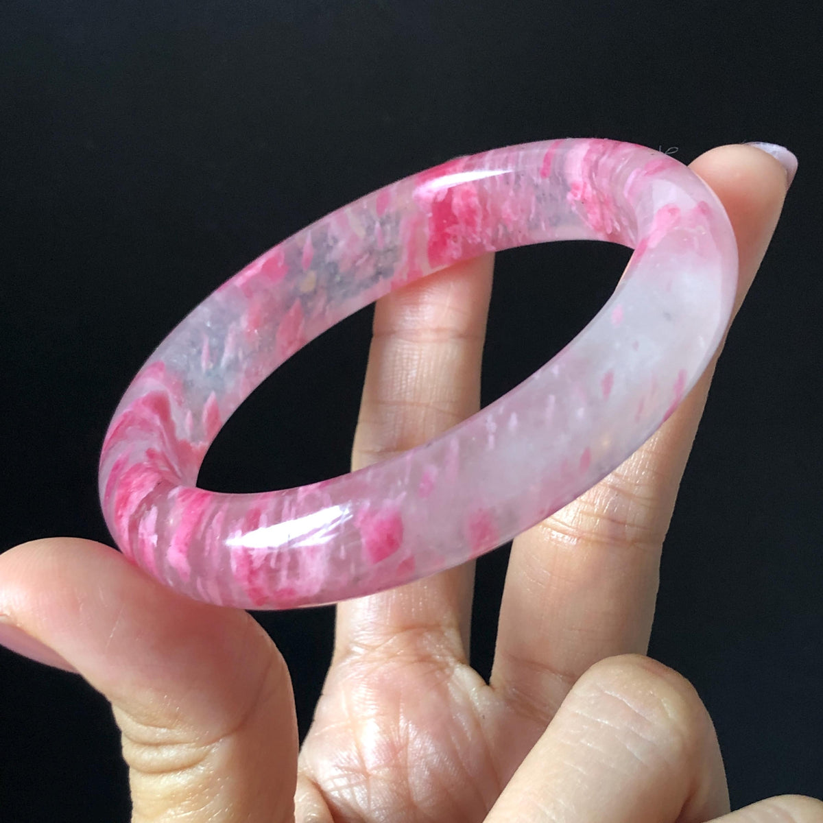 59.7mm Premium Ultra-rare Natural Icy Rhodonite Crystal Stone Gemstone Bangle | Blossom Flowers | Sakura Rain | Plum Blossom | Cherry Blossom icy natural crystal bracelet gemstone bangle pink stone bangle love stone healing stone heart chakra healing crystal mediative stone pink gemstone gift for her mother day gift