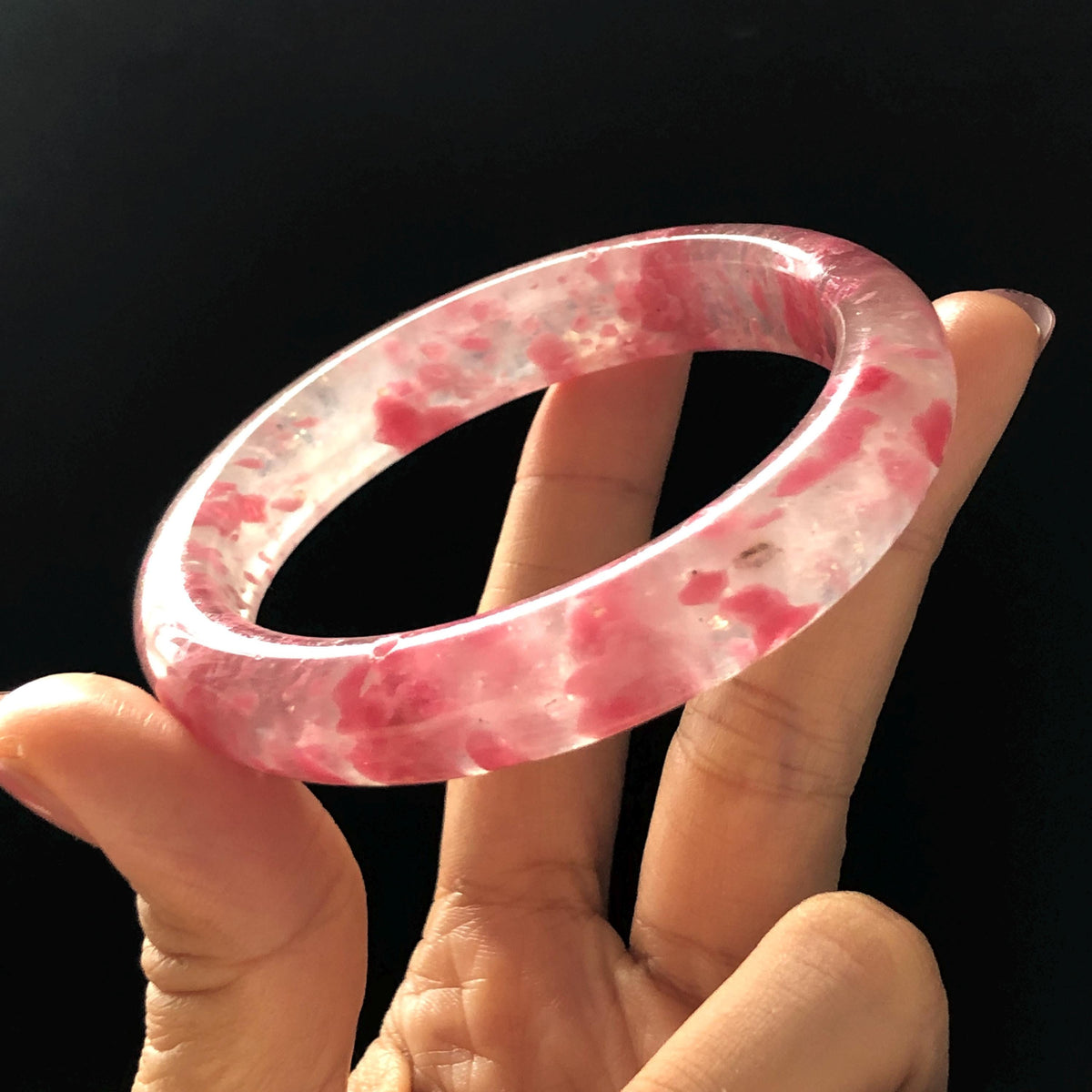 59.7mm Premium Ultra-rare Natural Icy Rhodonite Crystal Stone Gemstone Bangle | Blossom Flowers | Sakura Rain | Plum Blossom | Cherry Blossom icy natural crystal bracelet gemstone bangle pink stone bangle love stone healing stone heart chakra healing crystal mediative stone pink gemstone gift for her mother day gift