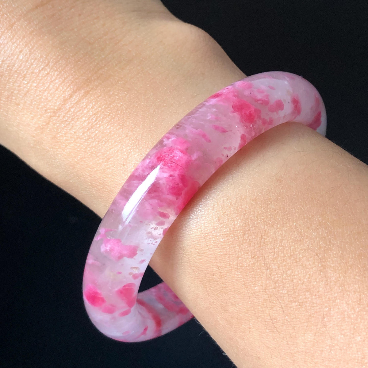 59.7mm Premium Ultra-rare Natural Icy Rhodonite Crystal Stone Gemstone Bangle | Blossom Flowers | Sakura Rain | Plum Blossom | Cherry Blossom icy natural crystal bracelet gemstone bangle pink stone bangle love stone healing stone heart chakra healing crystal mediative stone pink gemstone gift for her mother day gift