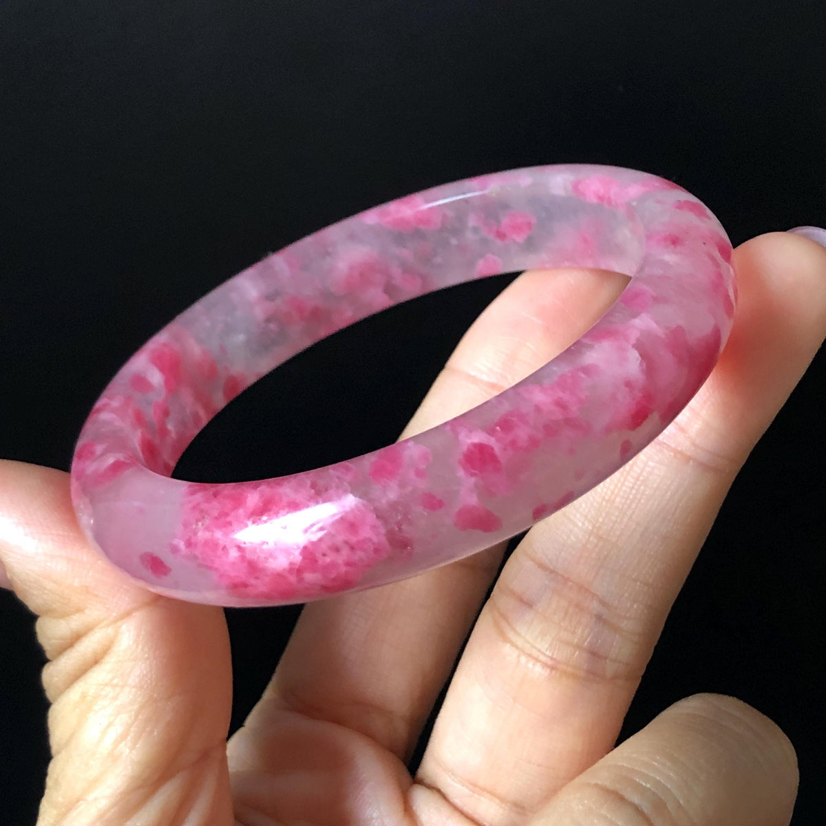 57.2mm Premium Ultra-rare Natural Icy Rhodonite Crystal Stone Gemstone Bangle | Blossom Flowers | Sakura Rain | Plum Blossom | Cherry Blossom icy natural crystal bracelet gemstone bangle pink stone bangle love stone healing stone heart chakra healing crystal mediative stone pink gemstone gift for her mother day gift