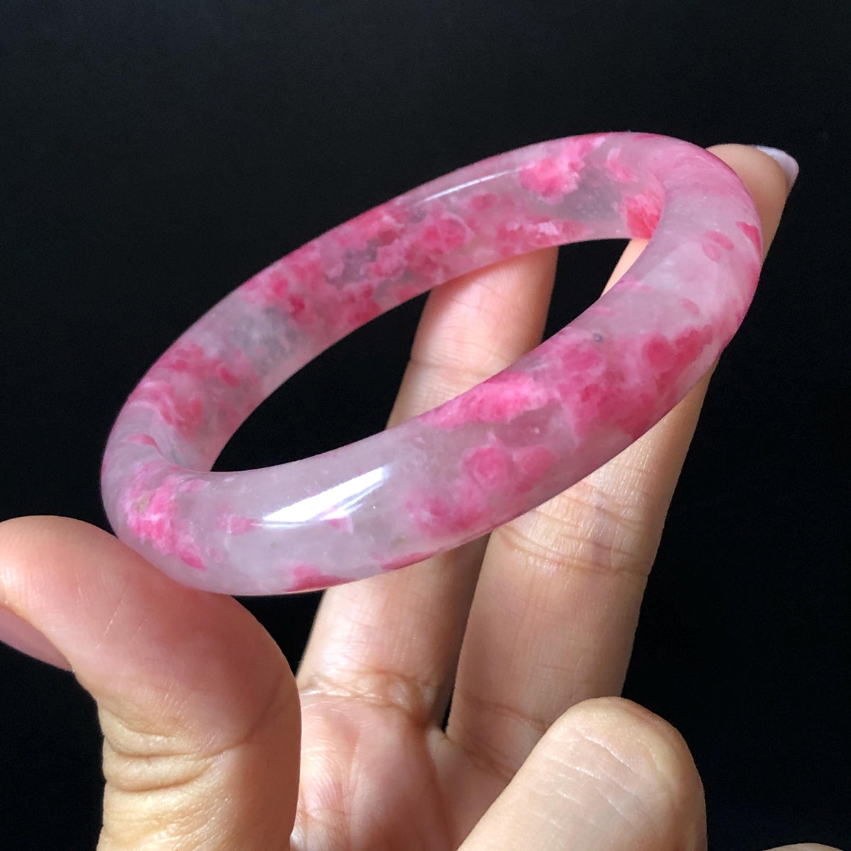 57.2mm Premium Ultra-rare Icy Rhodonite Crystal Bangle: Natural Blossom Flowers Sakura Rain Plum Cherry Blossom Healing Stone Heart Chakra
