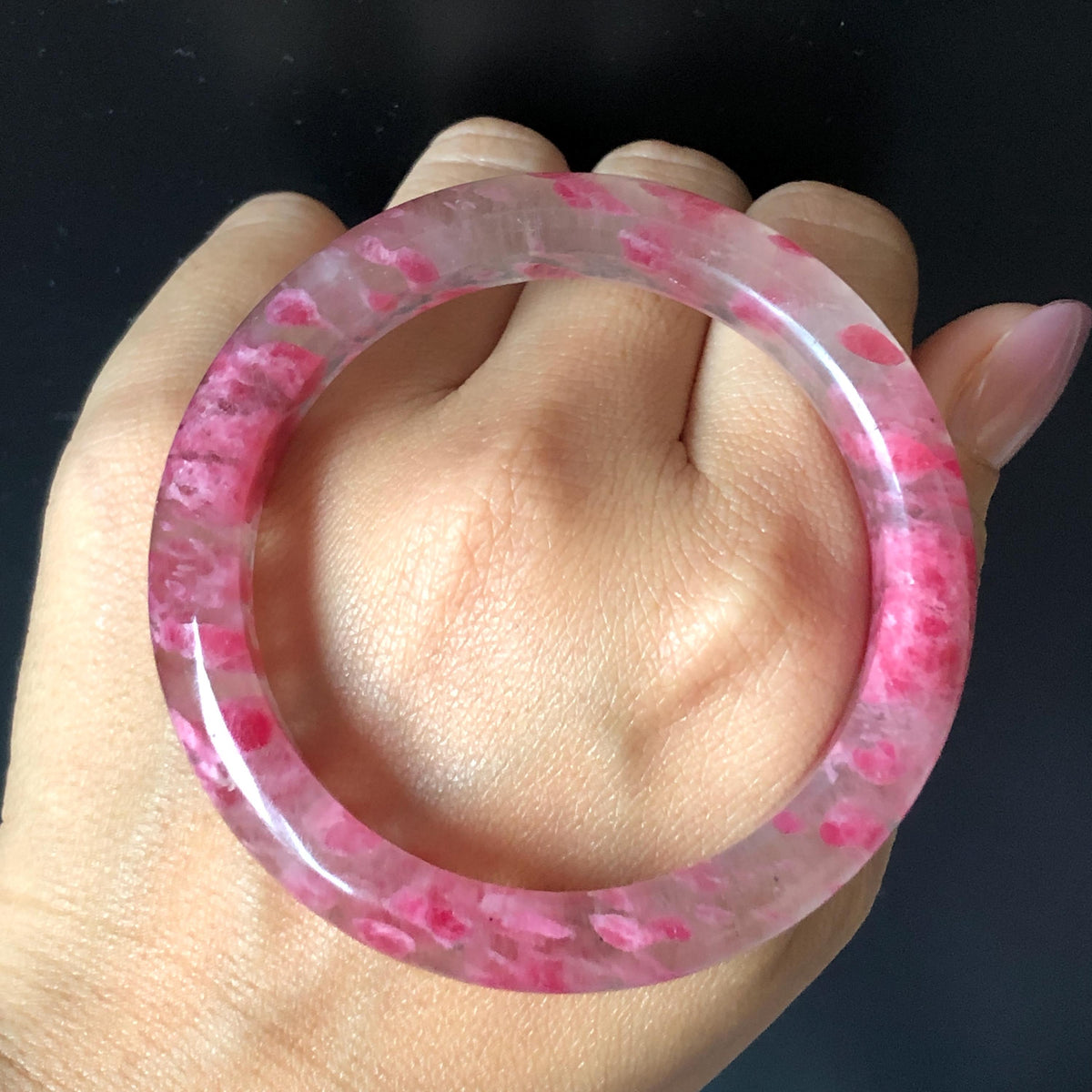 53.1mm Premium Ultra-rare Icy Rhodonite Crystal Bangle: Natural Blossom Flowers Sakura Rain Plum Cherry Blossom Healing Stone Heart Chakra icy natural crystal bracelet gemstone bangle pink stone bangle love stone healing stone heart chakra healing crystal mediative stone pink gemstone gift for her mother day gift