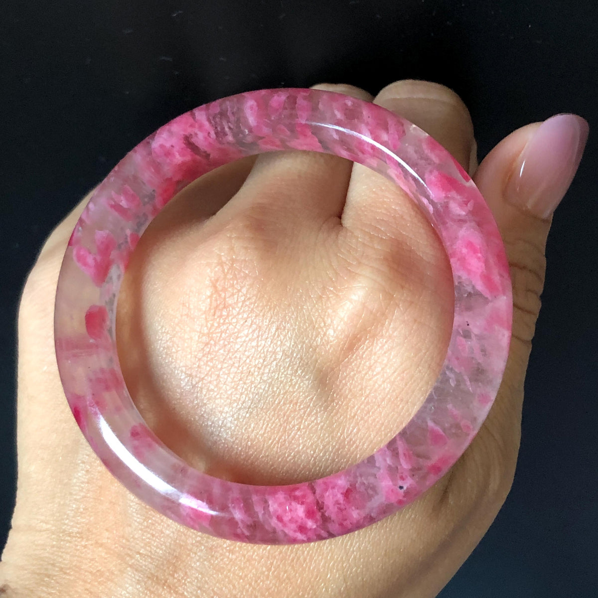 53.1mm Premium Ultra-rare Icy Rhodonite Crystal Bangle: Natural Blossom Flowers Sakura Rain Plum Cherry Blossom Healing Stone Heart Chakra icy natural crystal bracelet gemstone bangle pink stone bangle love stone healing stone heart chakra healing crystal mediative stone pink gemstone gift for her mother day gift