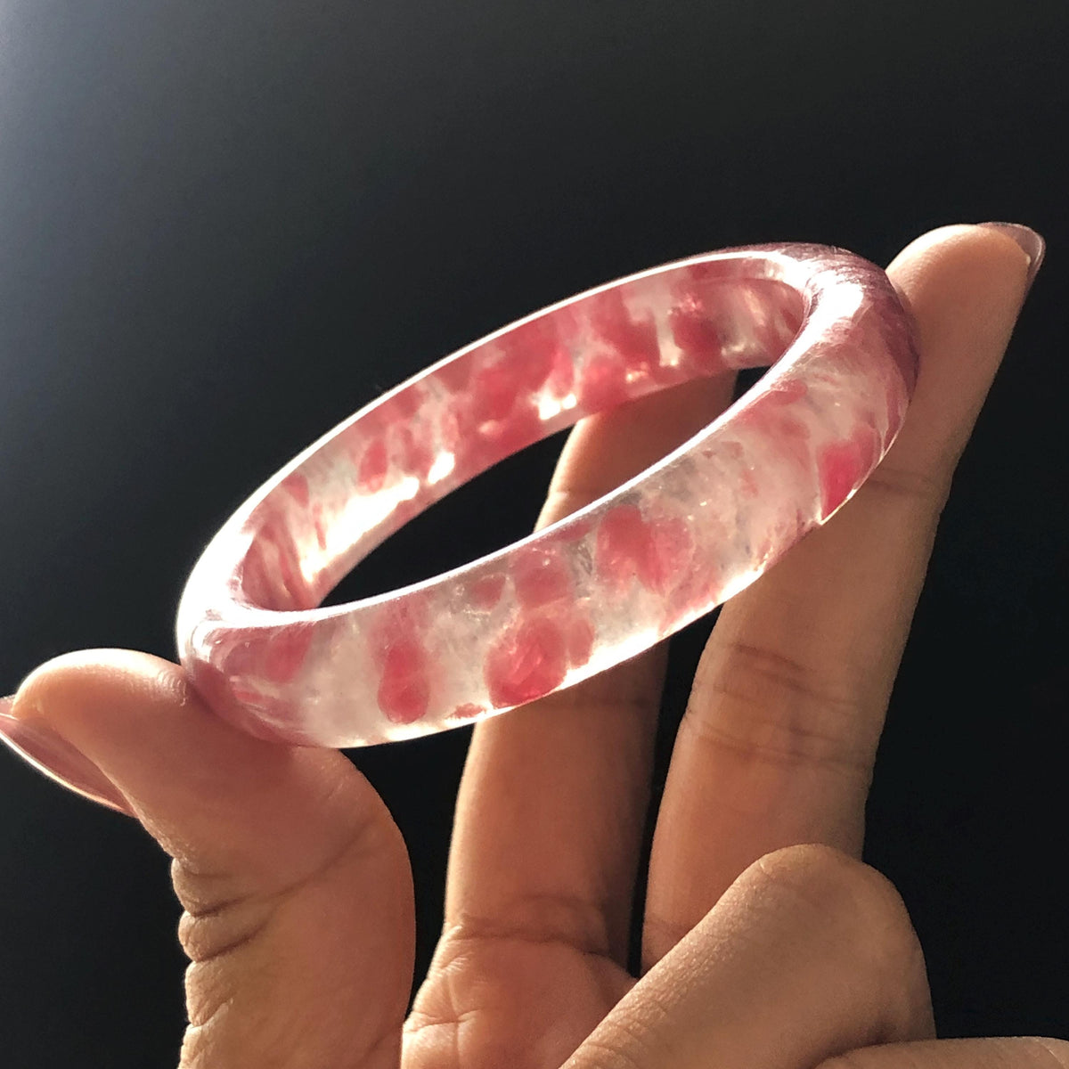 53.1mm Premium Ultra-rare Icy Rhodonite Crystal Bangle: Natural Blossom Flowers Sakura Rain Plum Cherry Blossom Healing Stone Heart Chakra icy natural crystal bracelet gemstone bangle pink stone bangle love stone healing stone heart chakra healing crystal mediative stone pink gemstone gift for her mother day gift