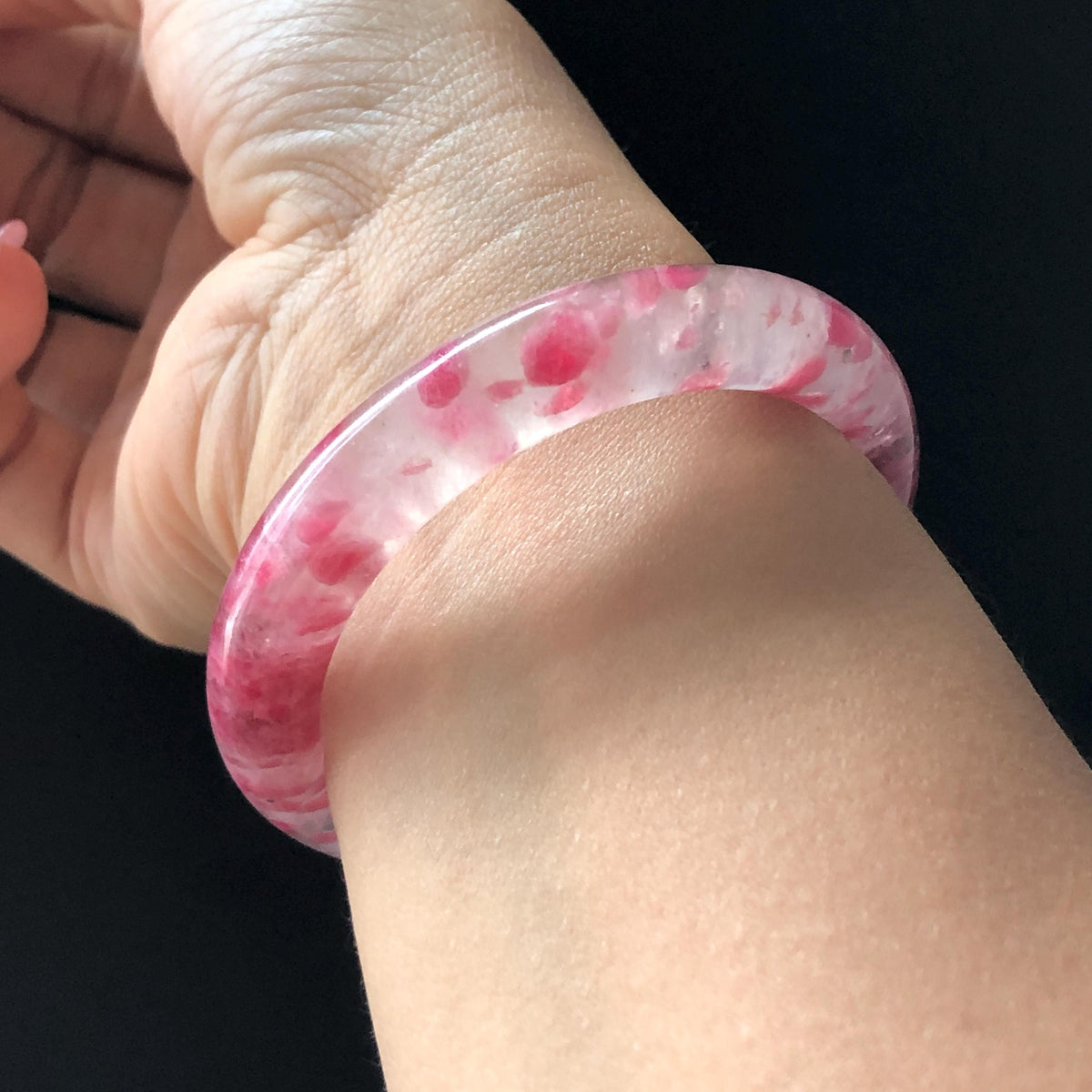 53.1mm Premium Ultra-rare Icy Rhodonite Crystal Bangle: Natural Blossom Flowers Sakura Rain Plum Cherry Blossom Healing Stone Heart Chakra icy natural crystal bracelet gemstone bangle pink stone bangle love stone healing stone heart chakra healing crystal mediative stone pink gemstone gift for her mother day gift