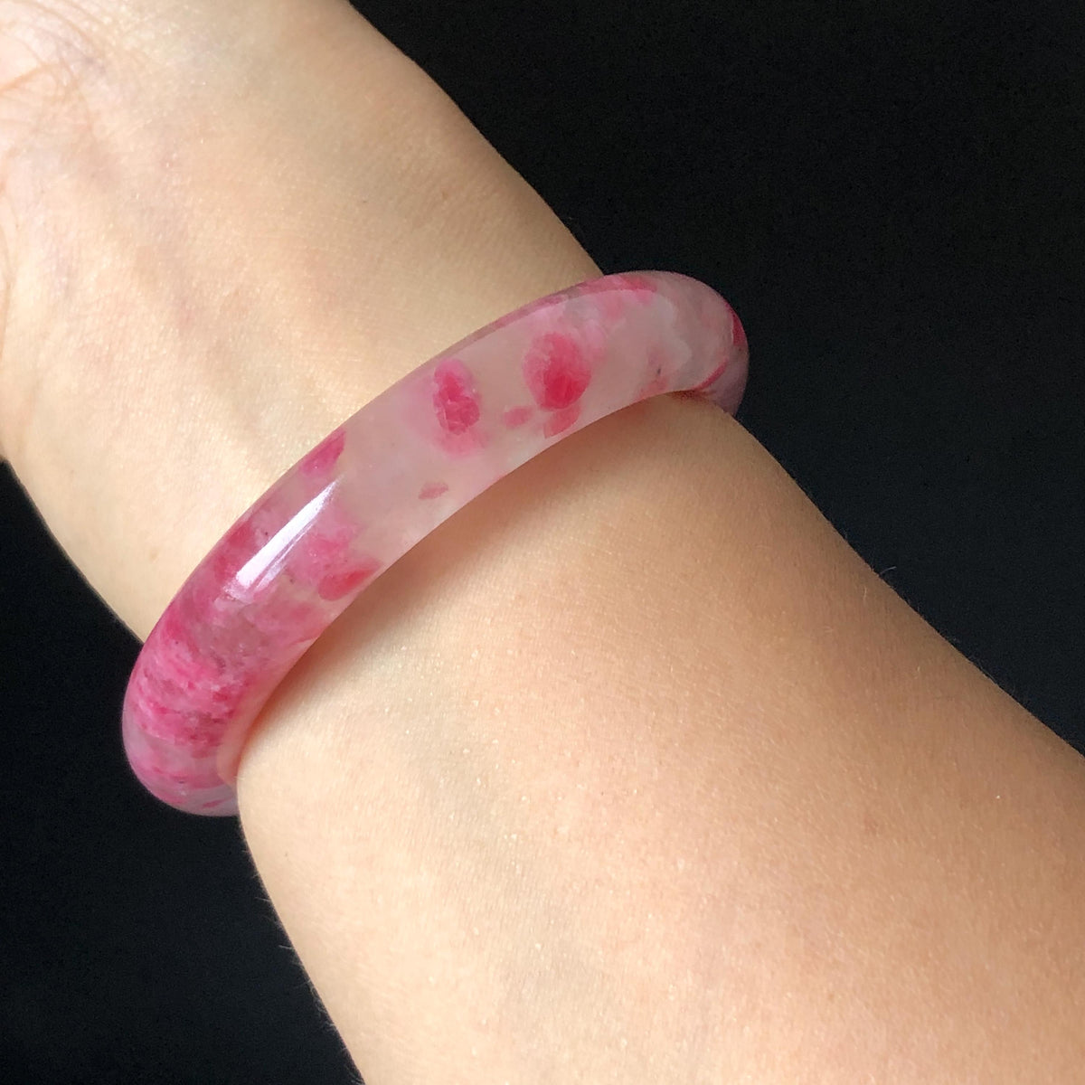 53.1mm Premium Ultra-rare Icy Rhodonite Crystal Bangle: Natural Blossom Flowers Sakura Rain Plum Cherry Blossom Healing Stone Heart Chakra icy natural crystal bracelet gemstone bangle pink stone bangle love stone healing stone heart chakra healing crystal mediative stone pink gemstone gift for her mother day gift