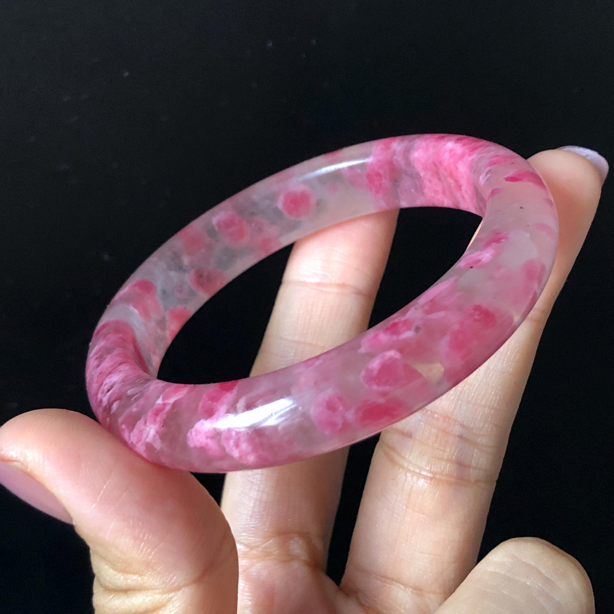 53.1mm Premium Ultra-rare Icy Rhodonite Crystal Bangle: Natural Blossom Flowers Sakura Rain Plum Cherry Blossom Healing Stone Heart Chakra icy natural crystal bracelet gemstone bangle pink stone bangle love stone healing stone heart chakra healing crystal mediative stone pink gemstone gift for her mother day gift