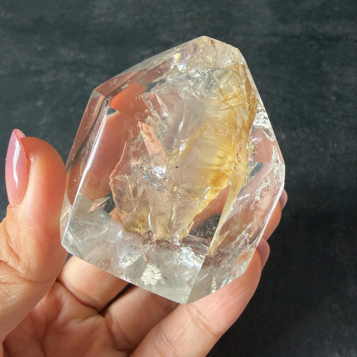 Ultra Rare! Enhydro Quartz Palm Stone: UV-reactive Yellow & White Sand Waterfall and Multiple Big Moving Bubbles Inclusion Golden Healer Polished Crystal | Natural Gemstone Birthstone Gift for her enhydro quartz sand water-fall pendant decorative piece gemstone charm stone pendant rainbow quartz polished stone crystal charm birthstone men necklace chakra crystal minerals specimen inclusion crystal inclusion crystal yellow sand inclusion yellow hematoid yellow iron oxide inclusion UV reactive