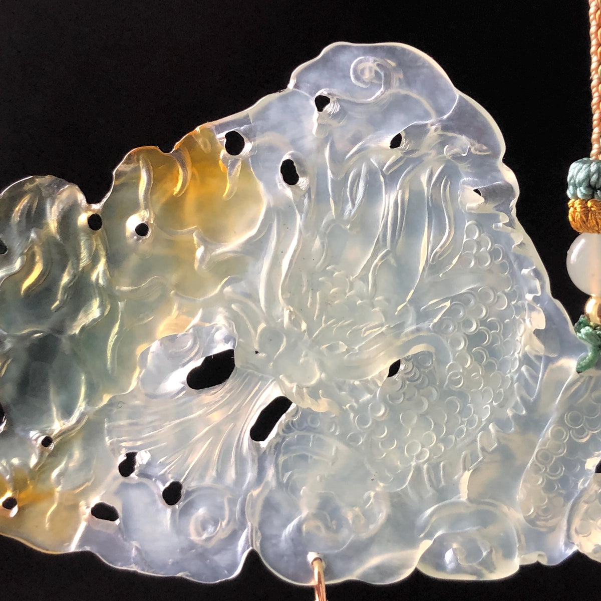 Xiu Jade Serpentine Dragon Hand Carved Pendant Adjustable Necklace: Natural Bluish Green and Yellow Jade Handcrafted Charm | Power & Wealth | Stone Crystal Gemstone Jewellery gift for her gift for him hand engraved jade handcrafted jade charm white jade brown jade green jade multicolor jade relief carving 3D stone carving dragon carving antique pendant asian vintage charm lucky charm big pendant certificate untreat real jade dragon lover gift protection cahrm